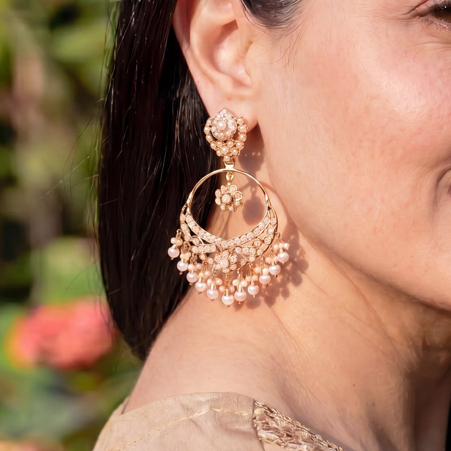 Classic Pearl Jadau Chandbali Earrings | Gold Plated on Silver ER 715