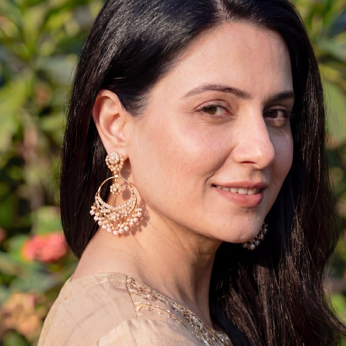Classic Pearl Jadau Chandbali Earrings | Gold Plated on Silver ER 715