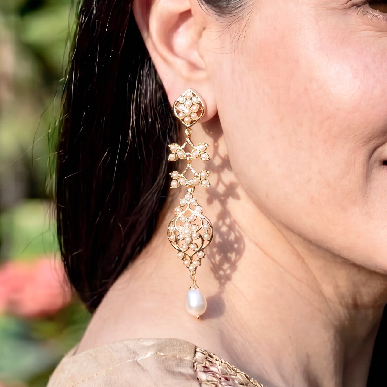 Long Pearl Openwork Jadau Drop Earrings | Gold Plated Silver ER 716