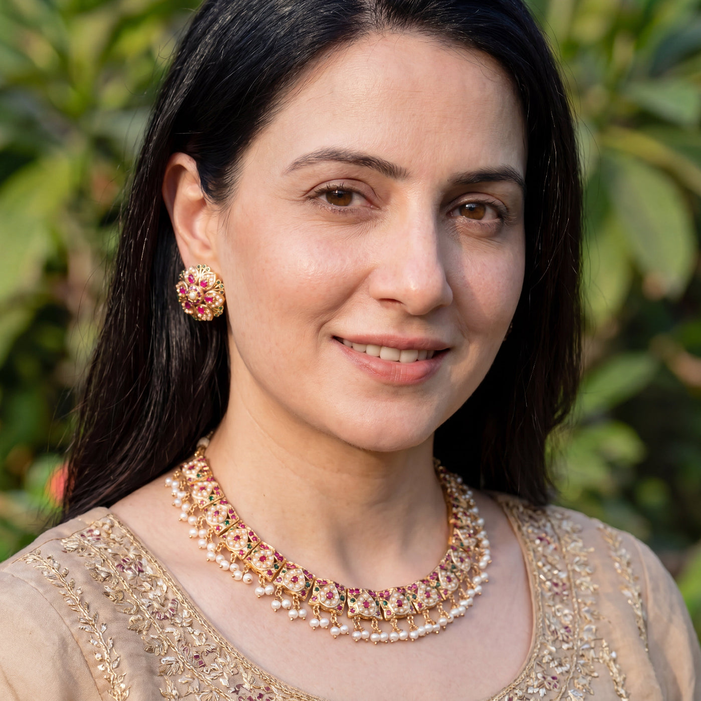 Ruby Pearl Jadau Necklace Set with Floral Stud Earrings | Gold Plated Silver NS 474