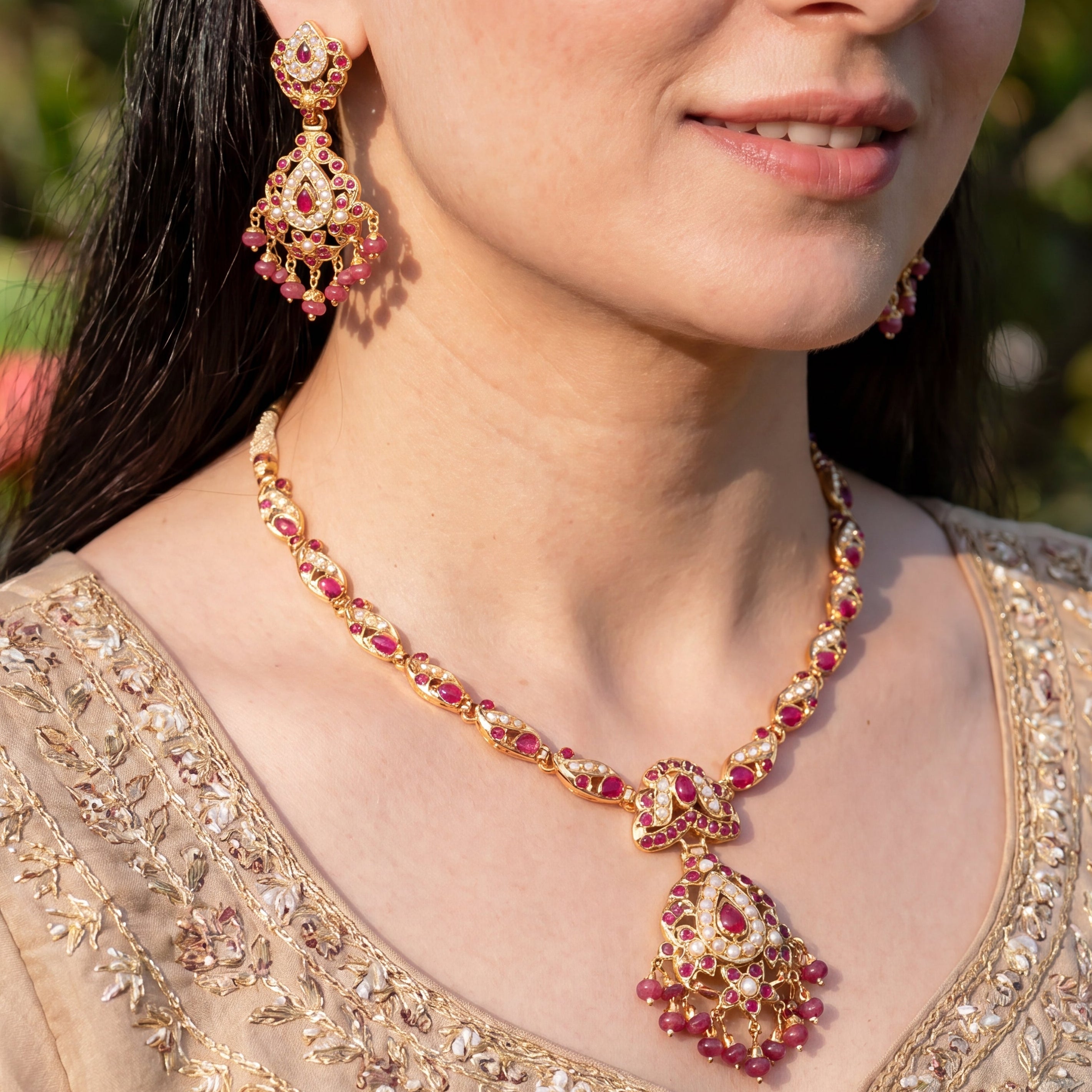 Ruby Pearl Jadau Necklace Set with Matching Earrings | Gold Plated Silver NS 471