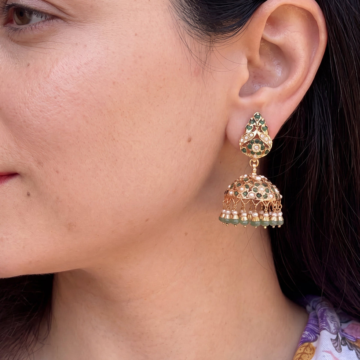 Emerald-Green Pearl Jadau Jhumka Earrings | Gold Plated Silver ER 711