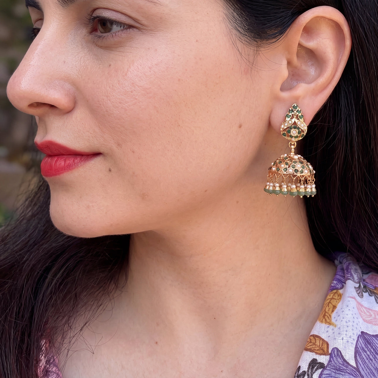 Emerald-Green Pearl Jadau Jhumka Earrings | Gold Plated Silver ER 711
