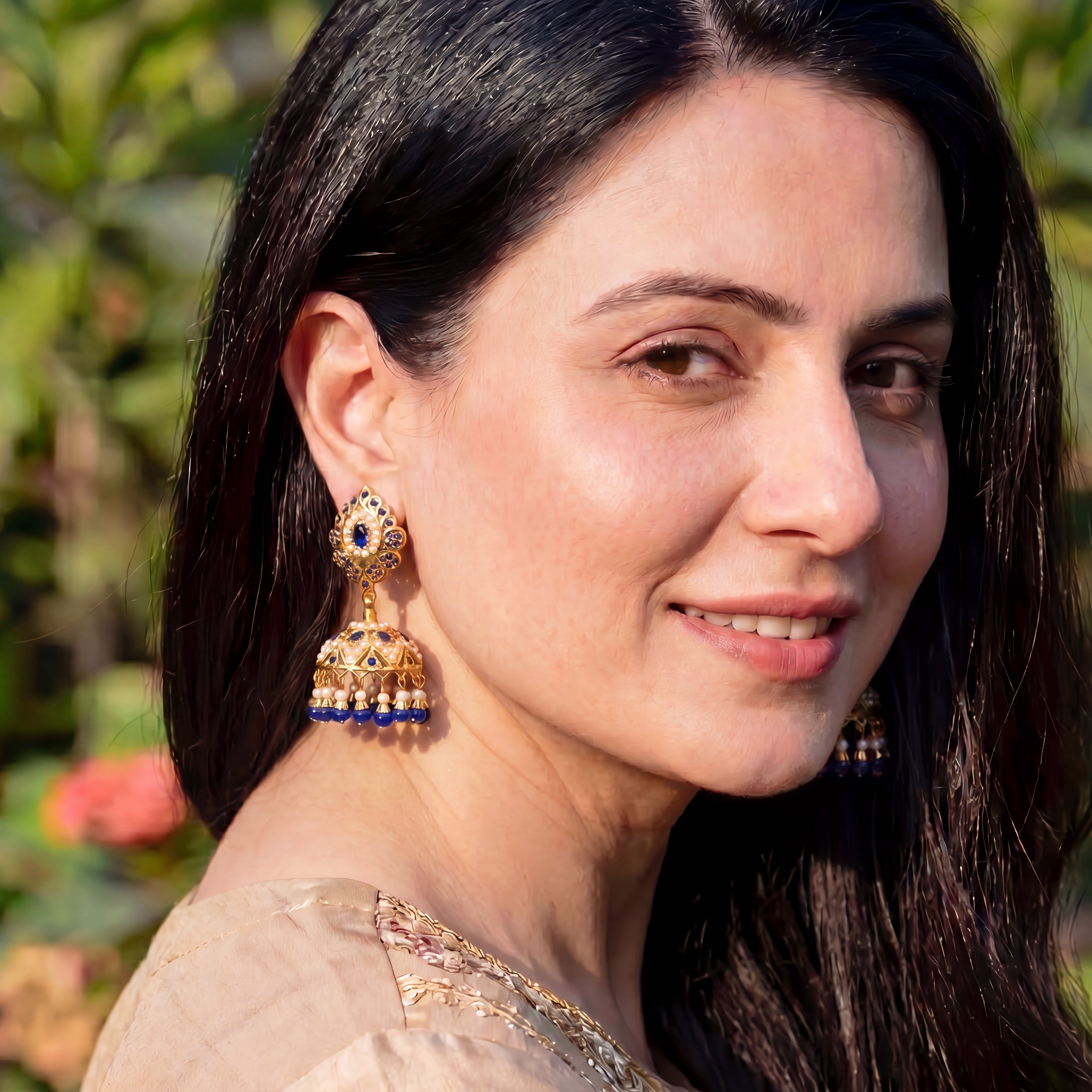 Royal Blue Pearl Jadau Jhumka Earrings | Gold Plated Silver ER 712