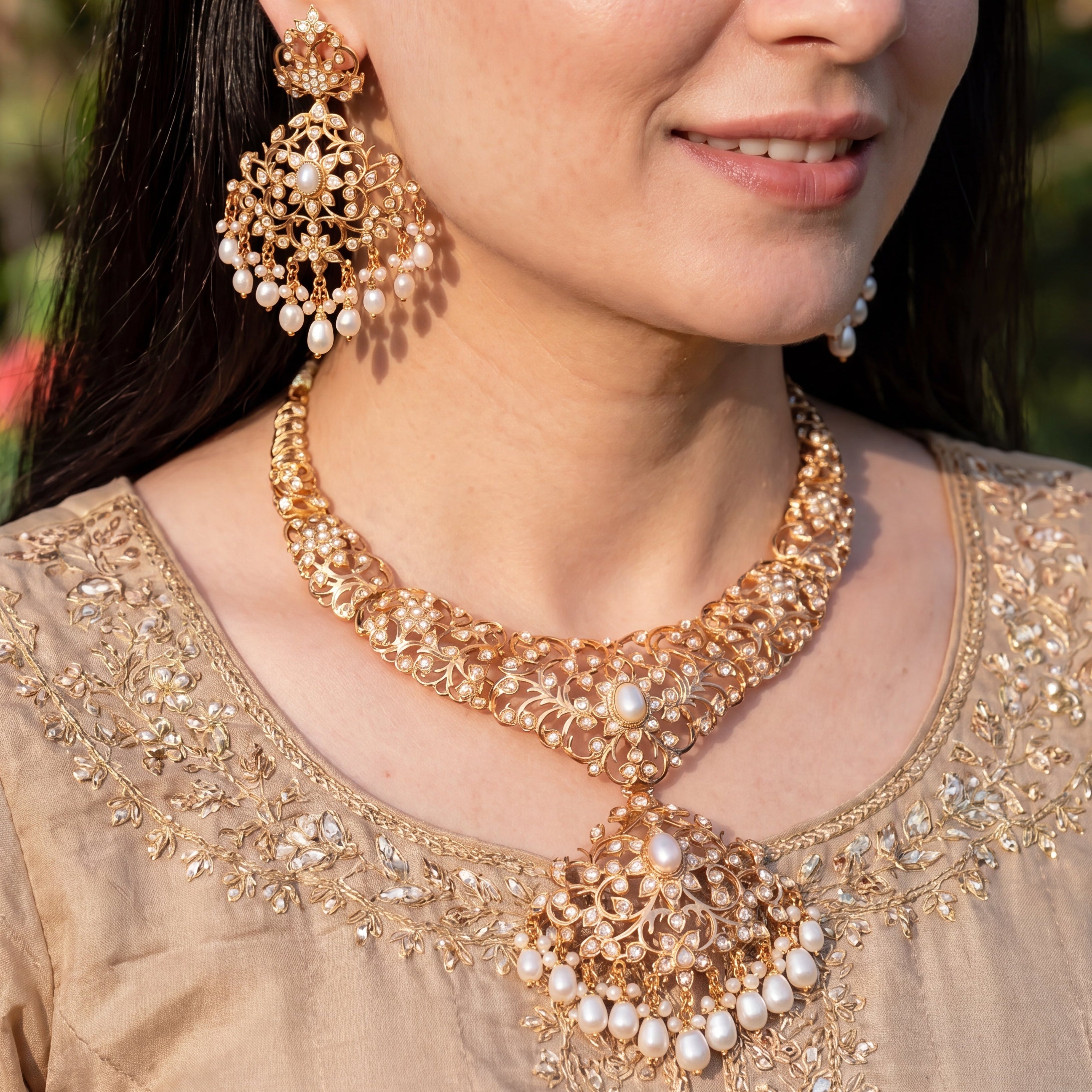 Edwardian Pearl Necklace Set with Statement Earrings | Gold Plated on 925 Silver NS 477