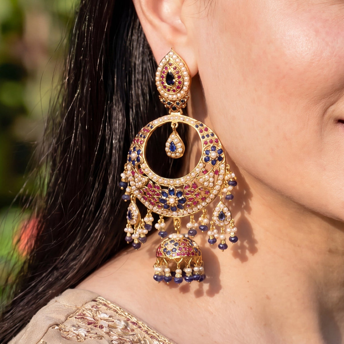 Royal Blue Ruby Chandbali Jhumka Earrings | Gold Plated on Silver ER 720