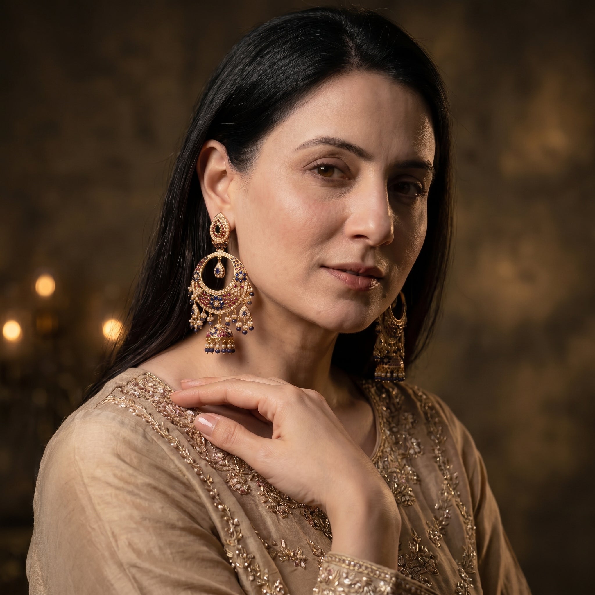 Royal Blue Ruby Chandbali Jhumka Earrings | Gold Plated on Silver ER 720
