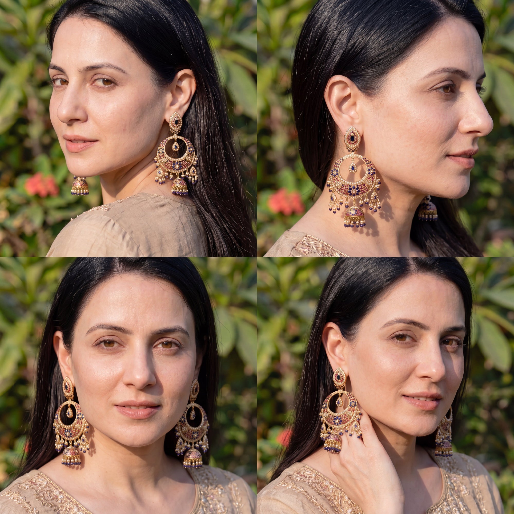 Royal Blue Ruby Chandbali Jhumka Earrings | Gold Plated on Silver ER 720
