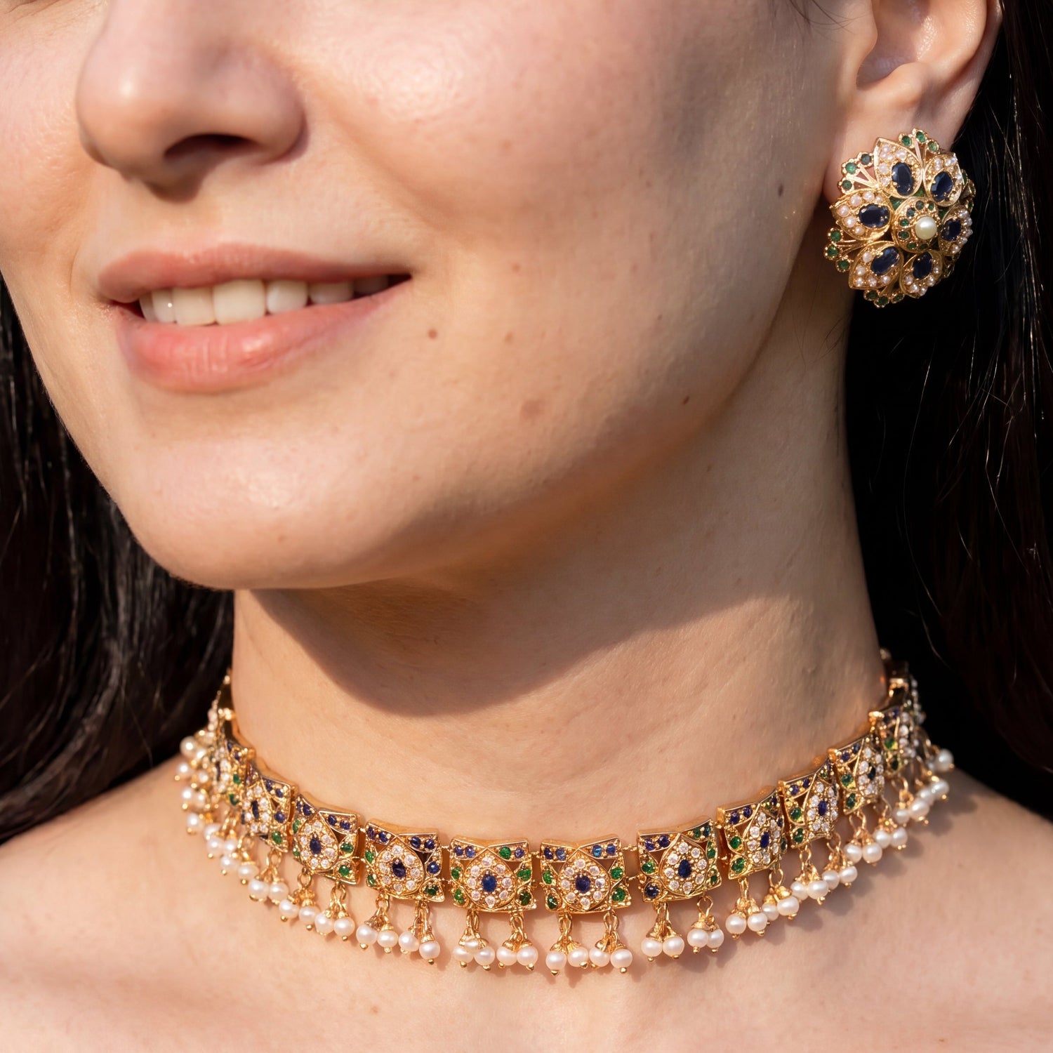 Blue Stone Pearl Jadau Choker Set with Floral Stud Earrings | NS 475
