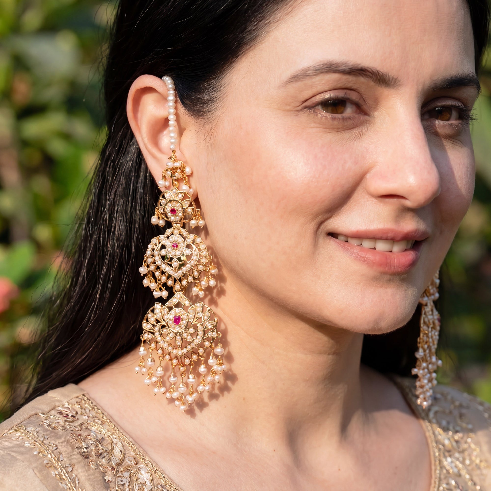 Long Pearl Jadau Earrings with Ear Chain | Gold Plated on Silver ER 719