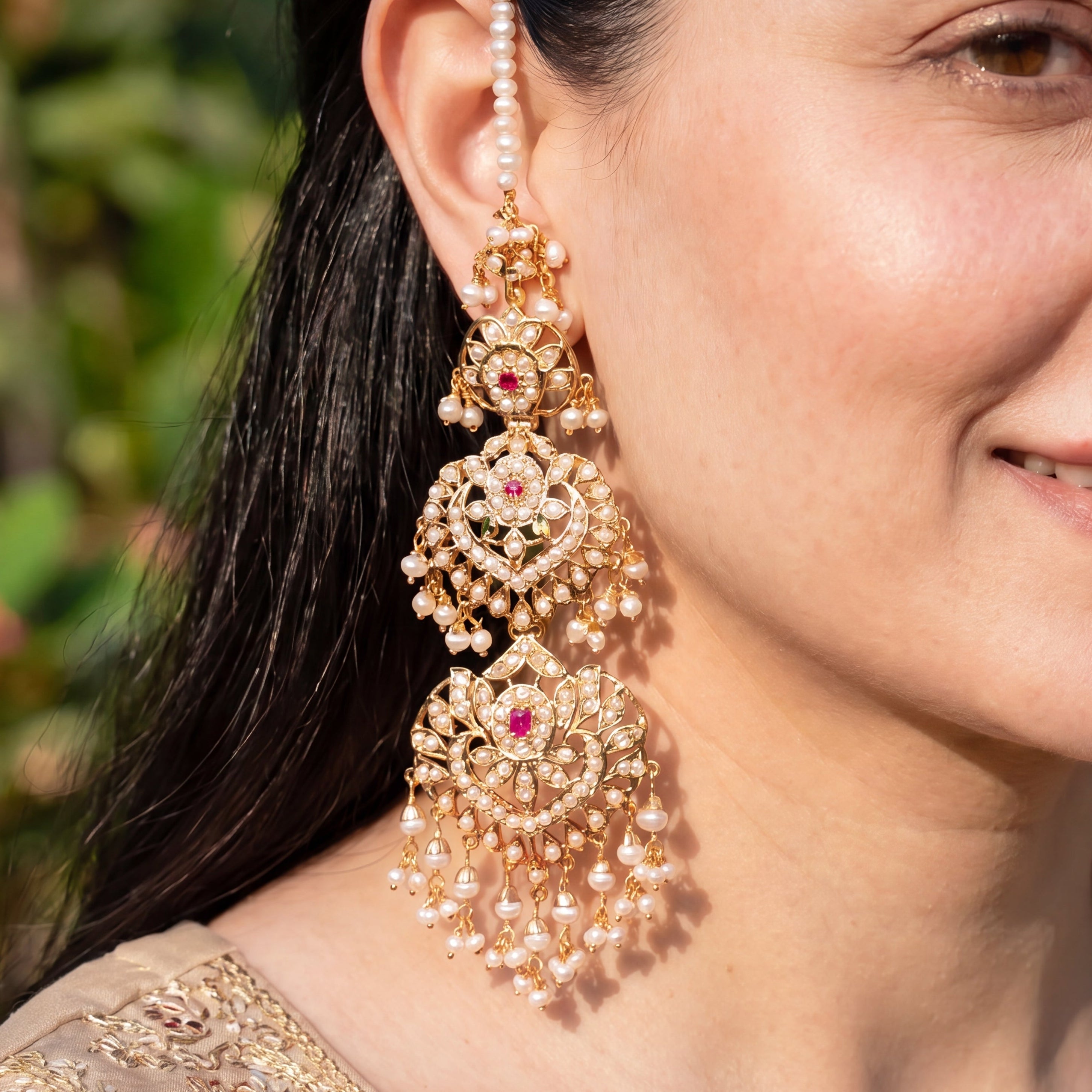 Long Pearl Jadau Earrings with Ear Chain | Gold Plated on Silver ER 719