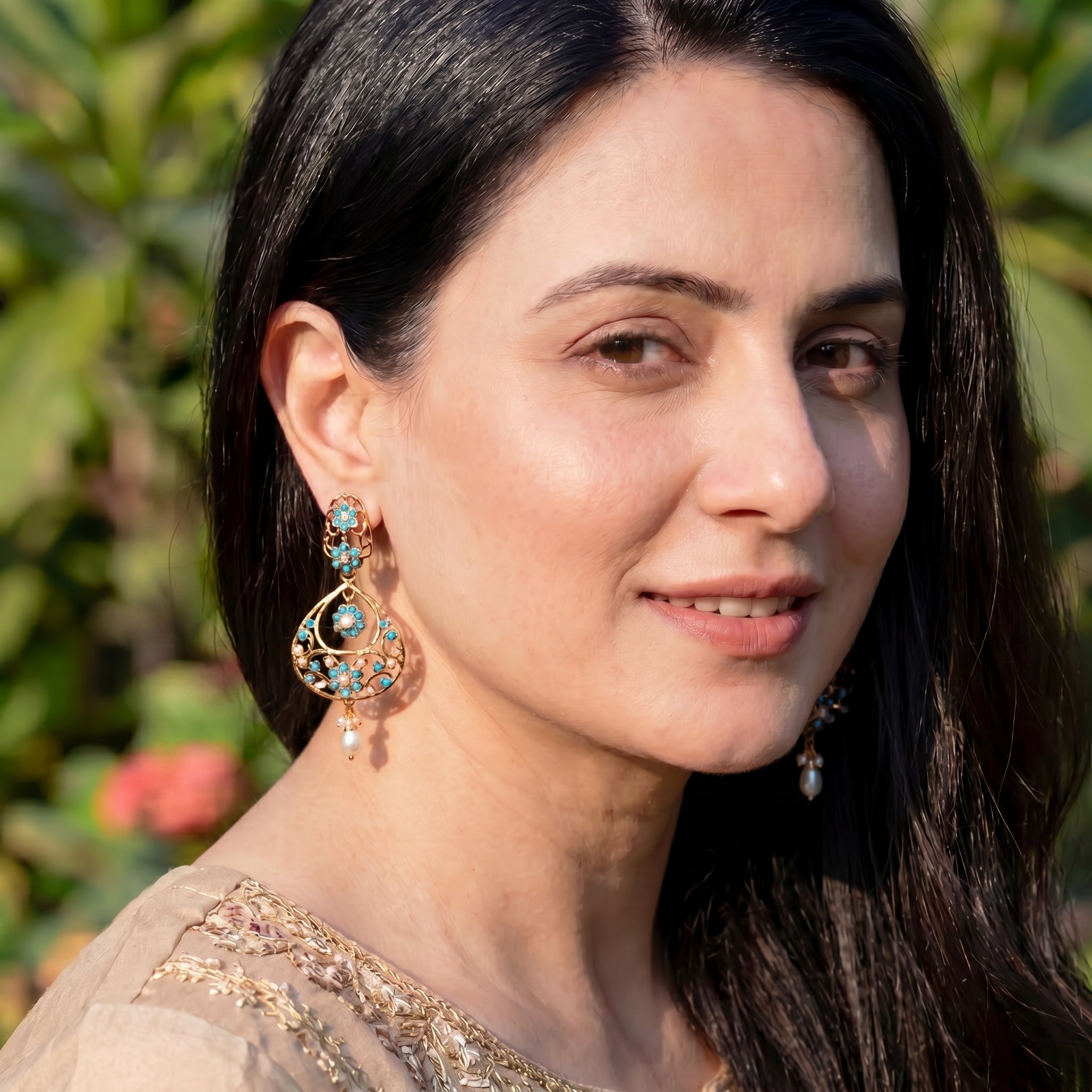 Feroza Pearl Openwork Jadau Earrings | Indo Western Chandbali Earrings | Gold Plated on Silver ER 732