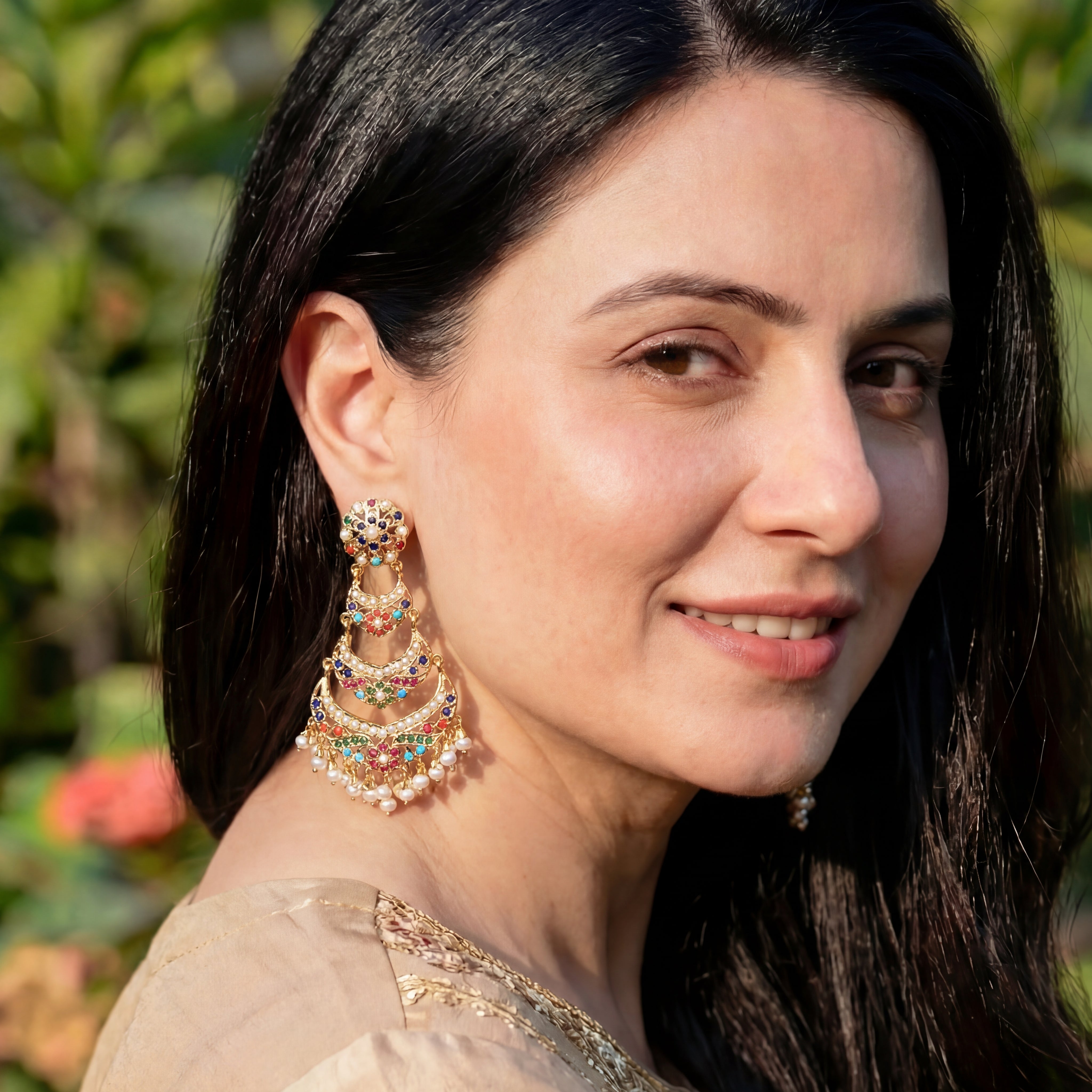 Long Navratna Danglers | Heritage Punjabi Jadau Jewelry | Gold Plated on Silver ER 552