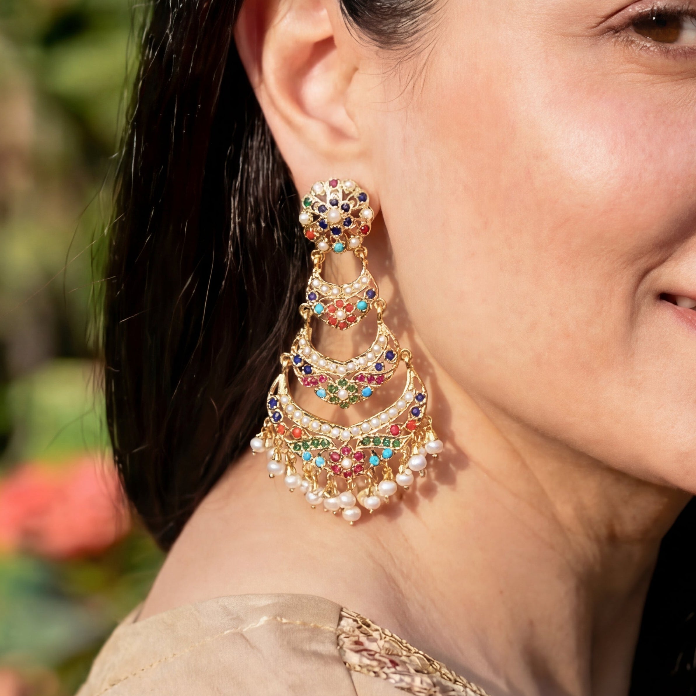 Long Navratna Danglers | Heritage Punjabi Jadau Jewelry | Gold Plated on Silver ER 552