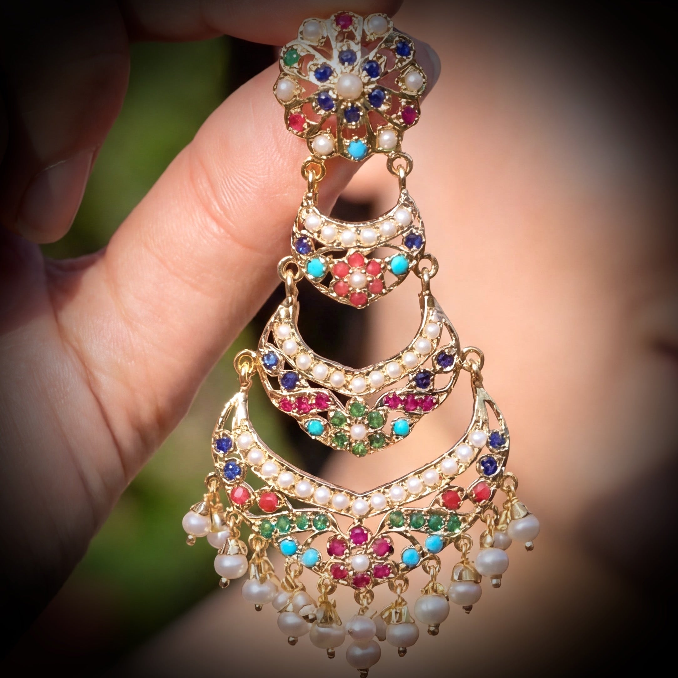 Long Navratna Danglers | Heritage Punjabi Jadau Jewelry | Gold Plated on Silver ER 552