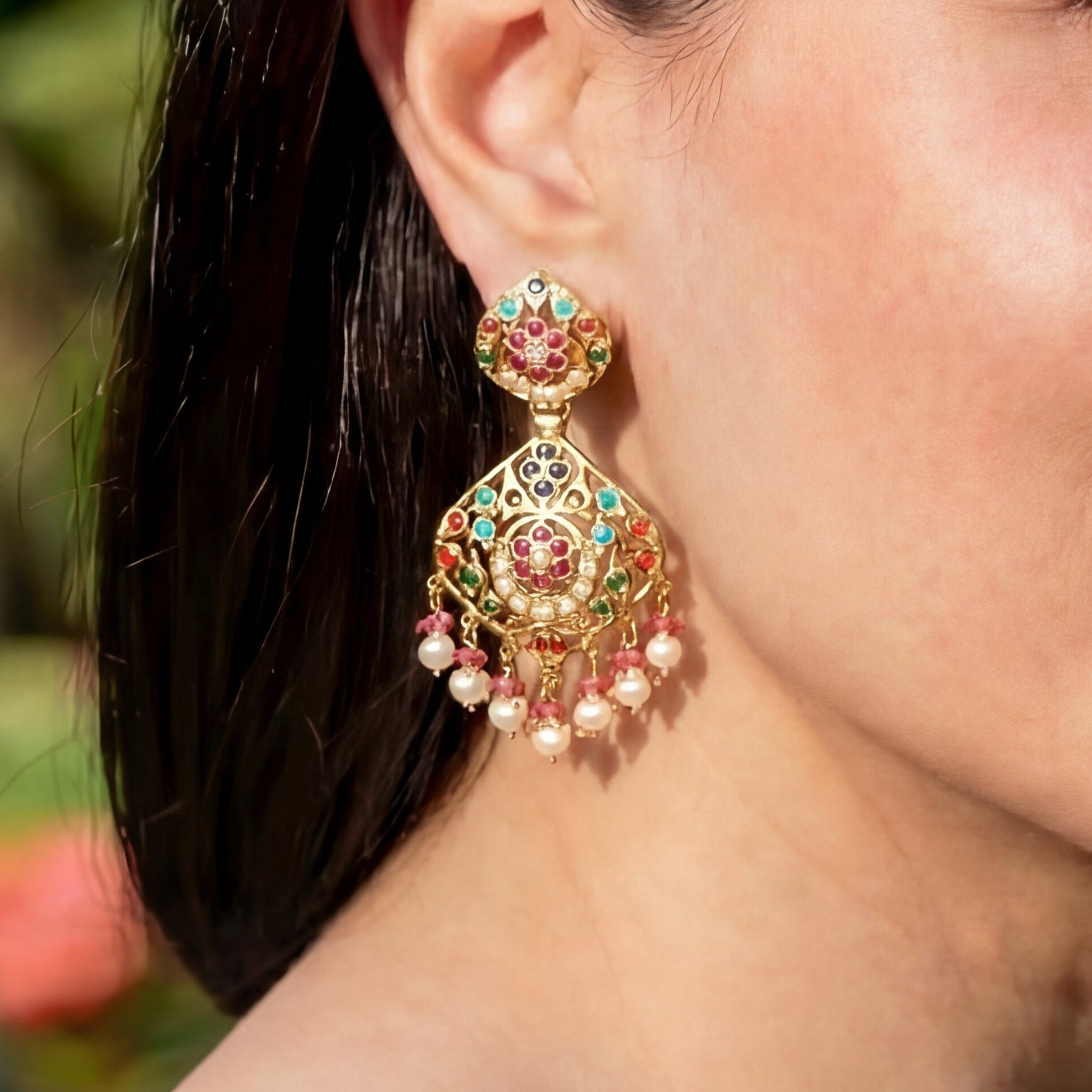 Navratana Earrings | 925 Silver with Gold Plating | Punjabi Jadau ER 188