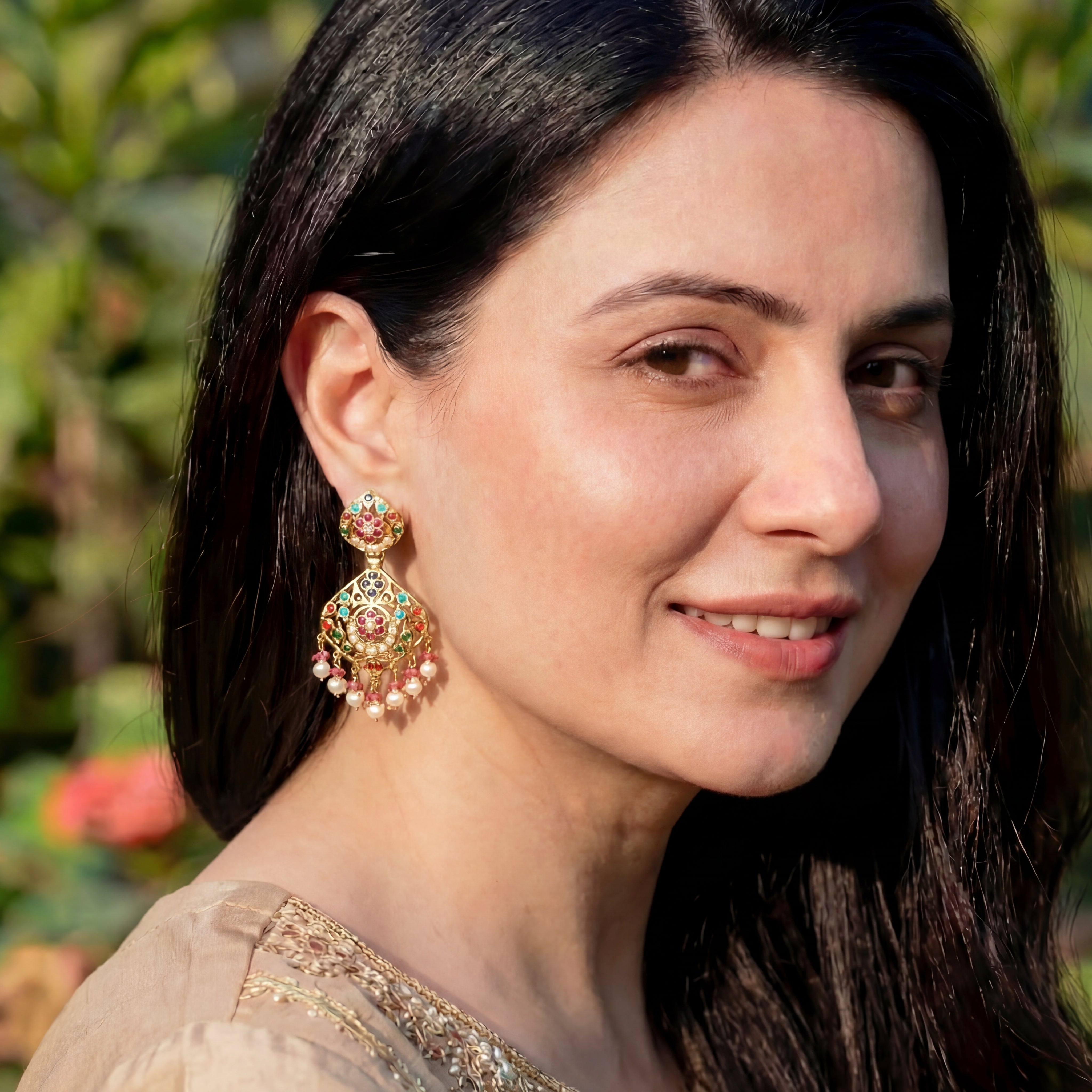 Navratana Earrings | 925 Silver with Gold Plating | Punjabi Jadau ER 188