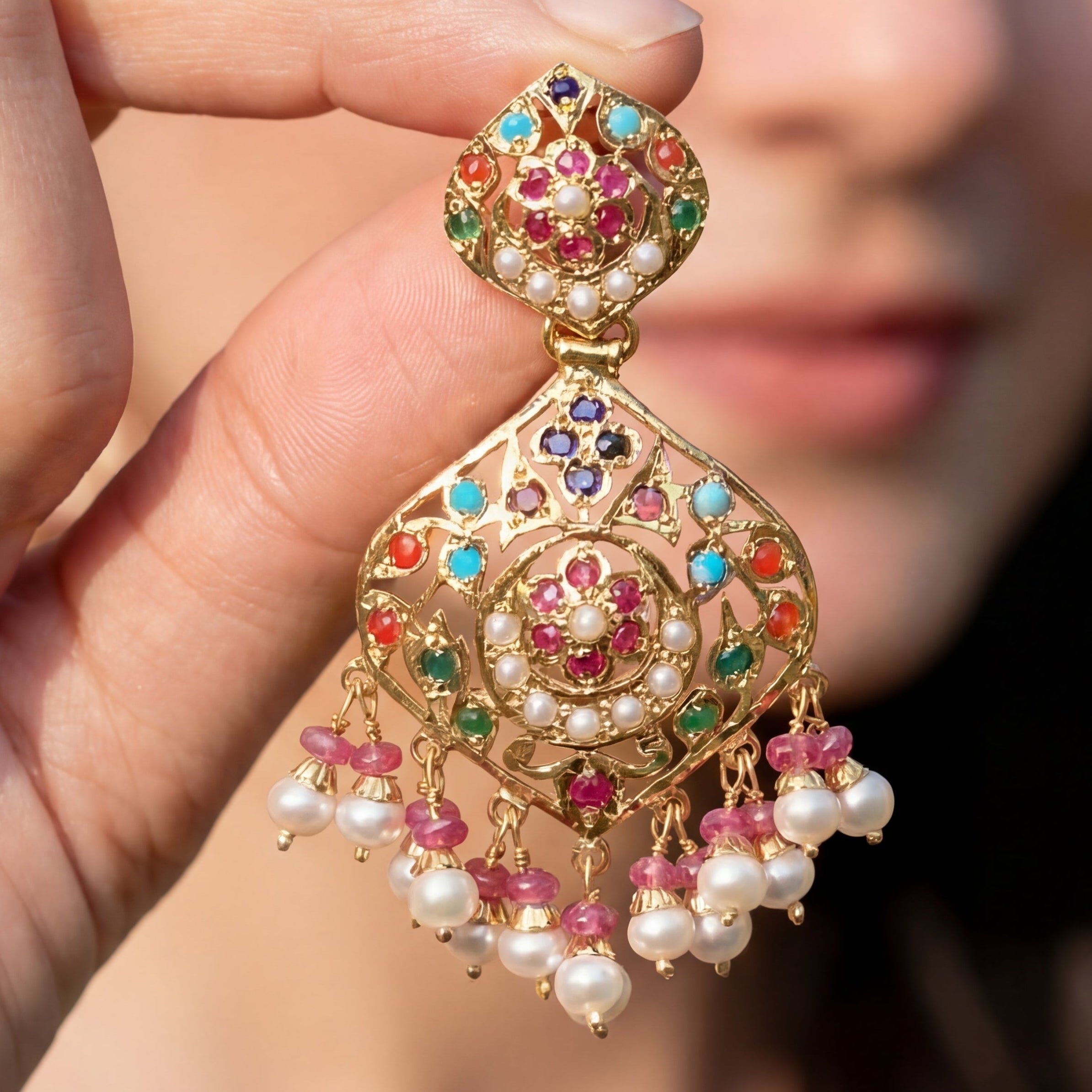 Navratana Earrings | 925 Silver with Gold Plating | Punjabi Jadau ER 188