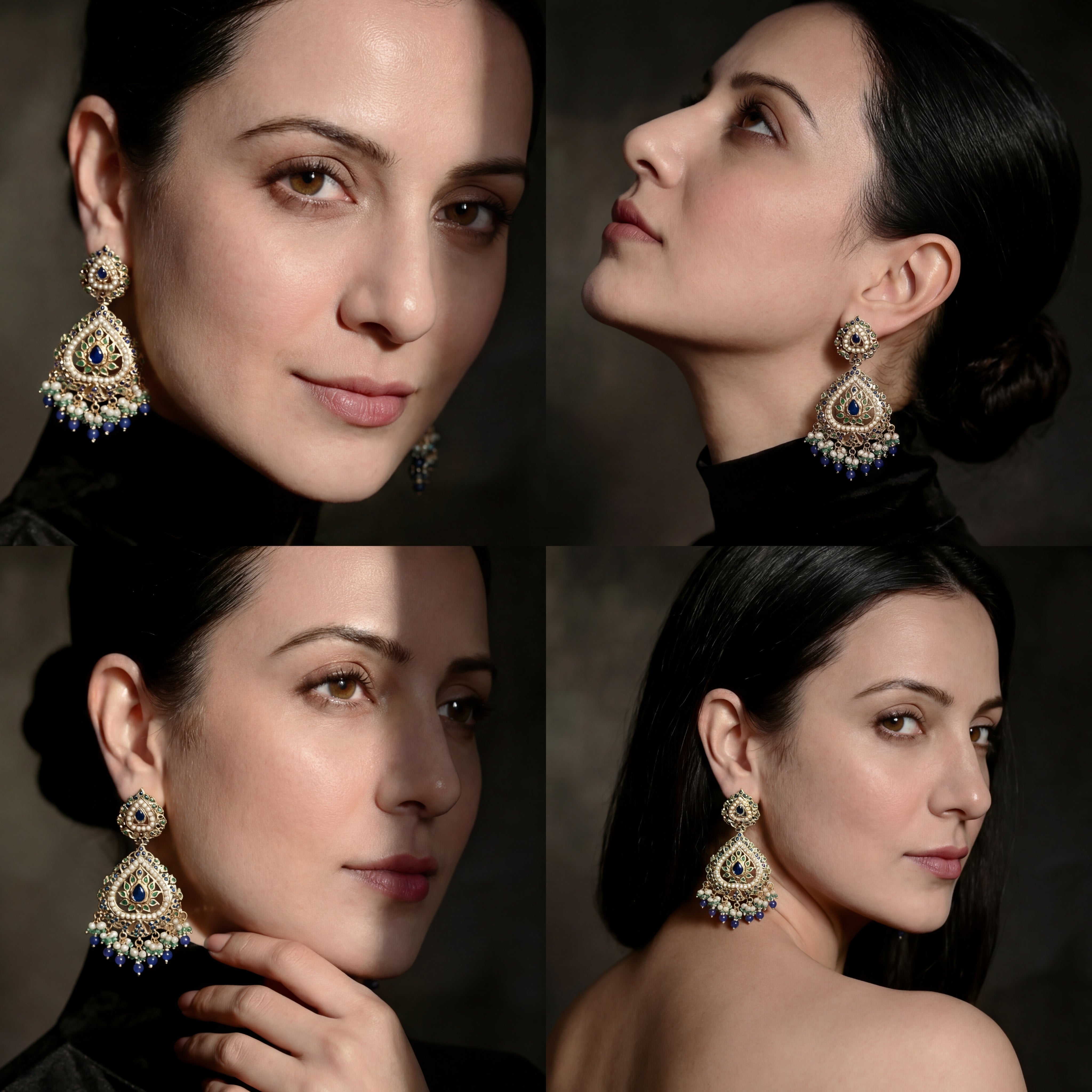 Gold Plated Emerald Pearl Sapphire Earrings in 925 Silver ER 164