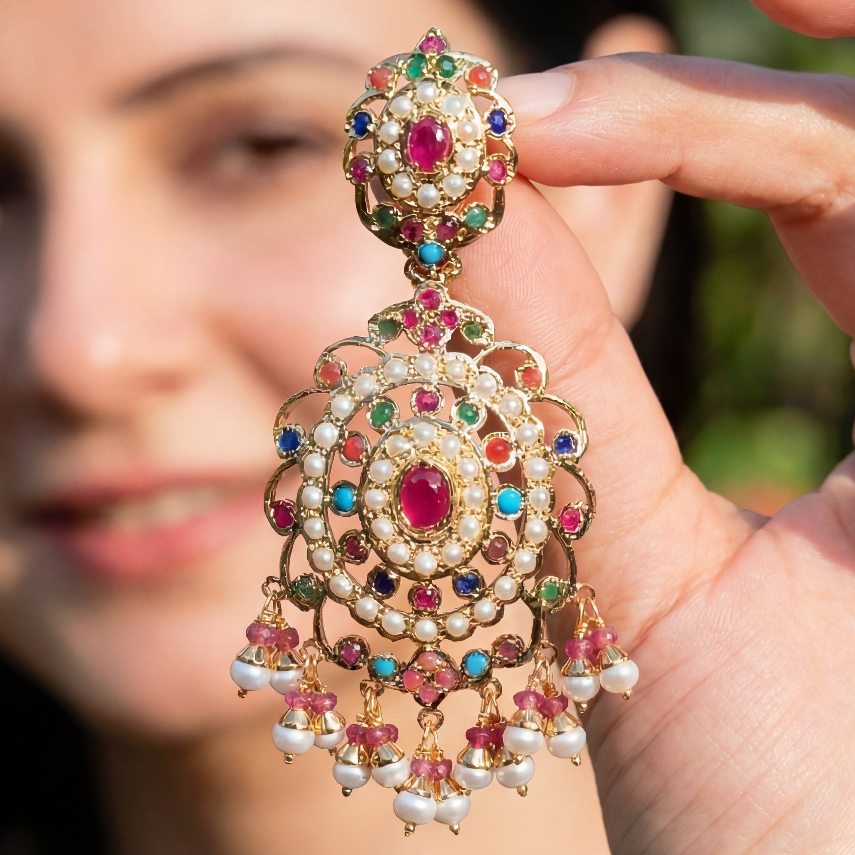 Statement Navratna Earrings | Gold Plated 925 Silver Jewellery Online ER 444