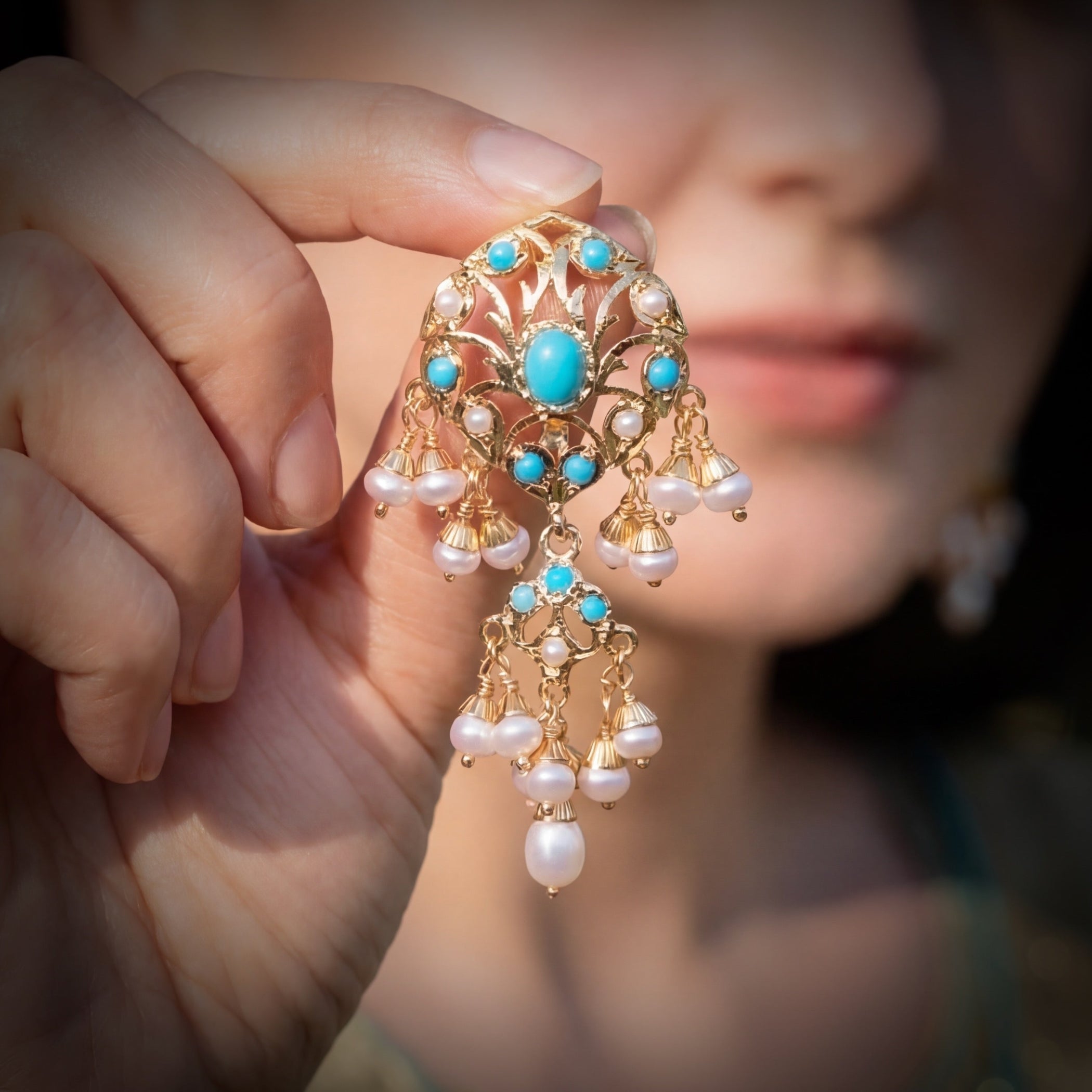 Turquoise & Pearl Stud Earrings | Gold Plated on Silver ER 618