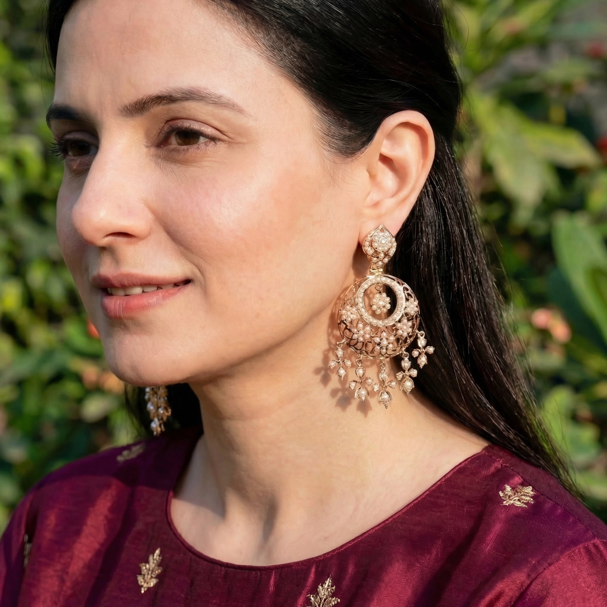 Antique Style Pearl Chandbali Earrings | Indo Western Design Jewelry on Silver ER 610