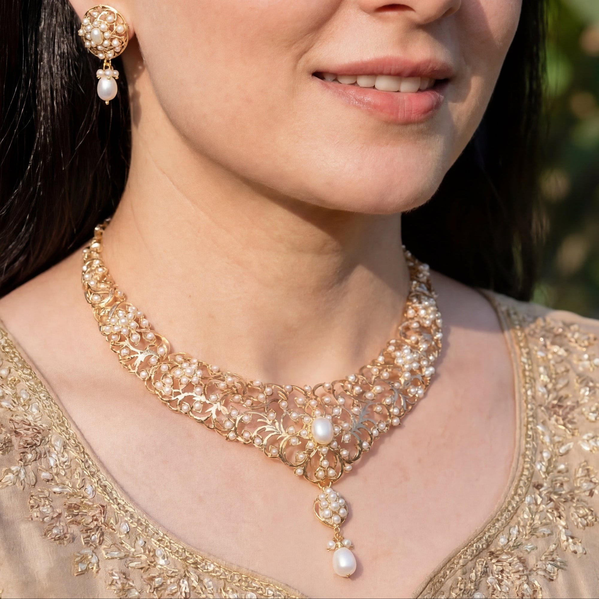 Antique Style Pearl Necklace Set | Edwardian Design | Gold Plated on Silver NS 369