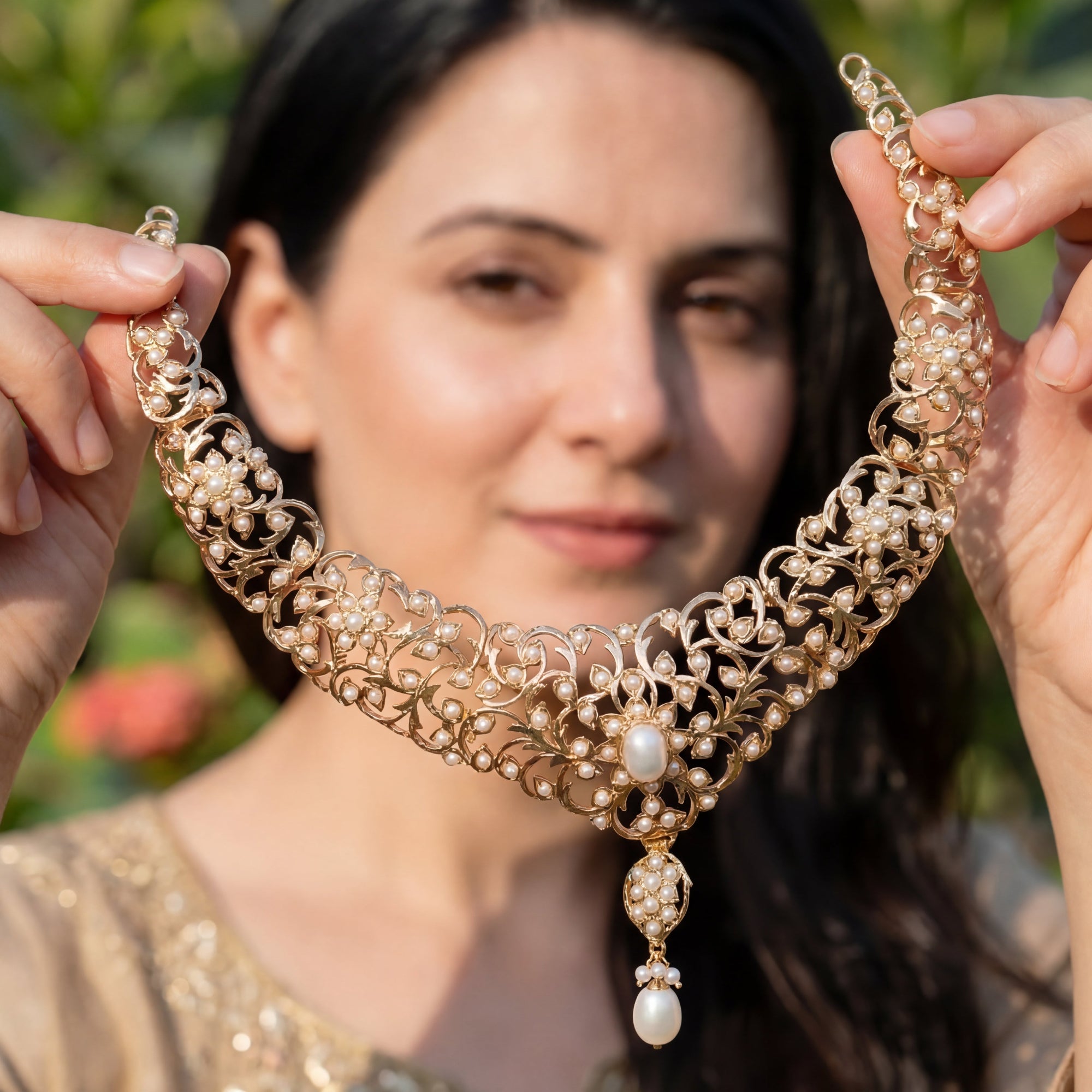 Antique Style Pearl Necklace Set | Edwardian Design | Gold Plated on Silver NS 369