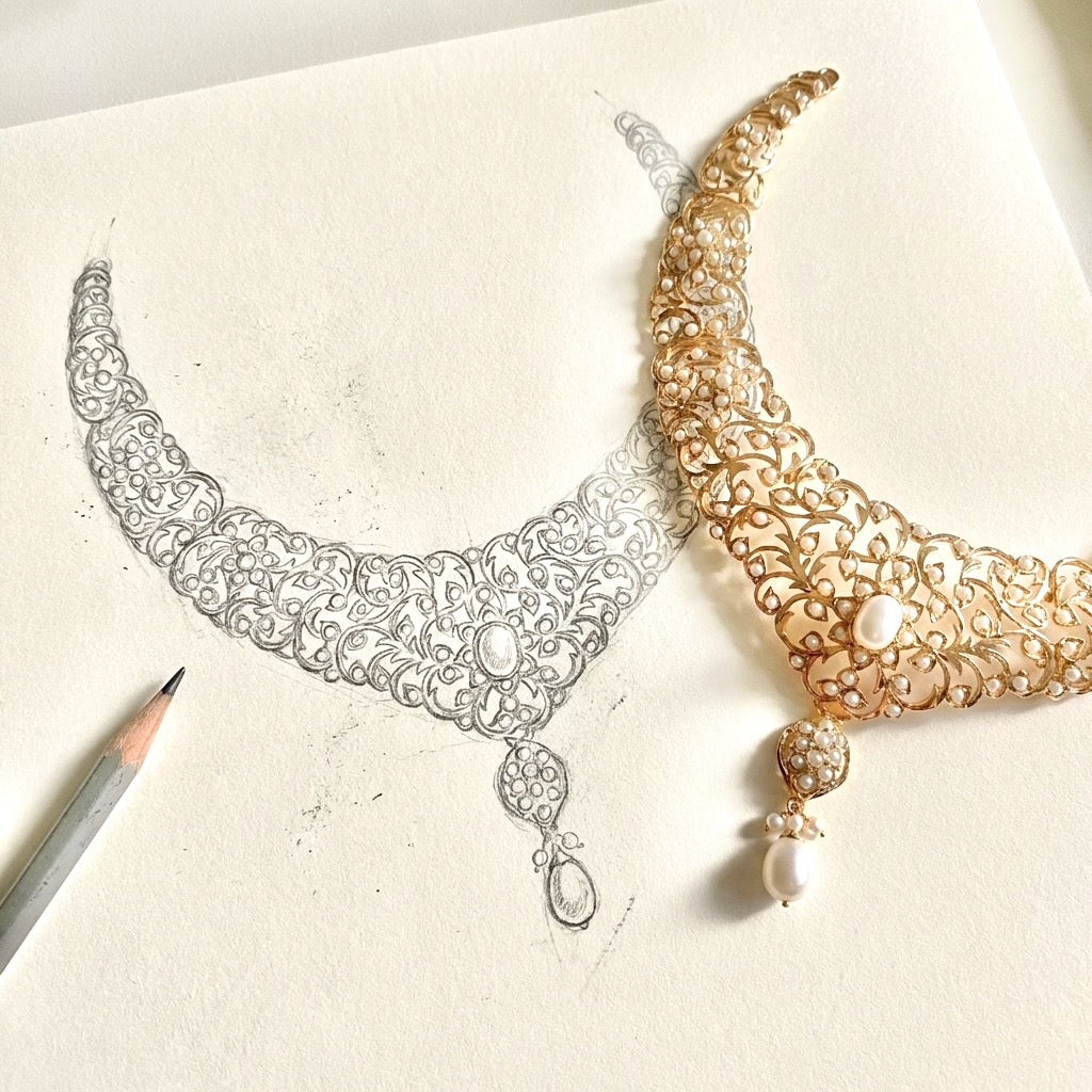 Antique Style Pearl Necklace Set | Edwardian Design | Gold Plated on Silver NS 369