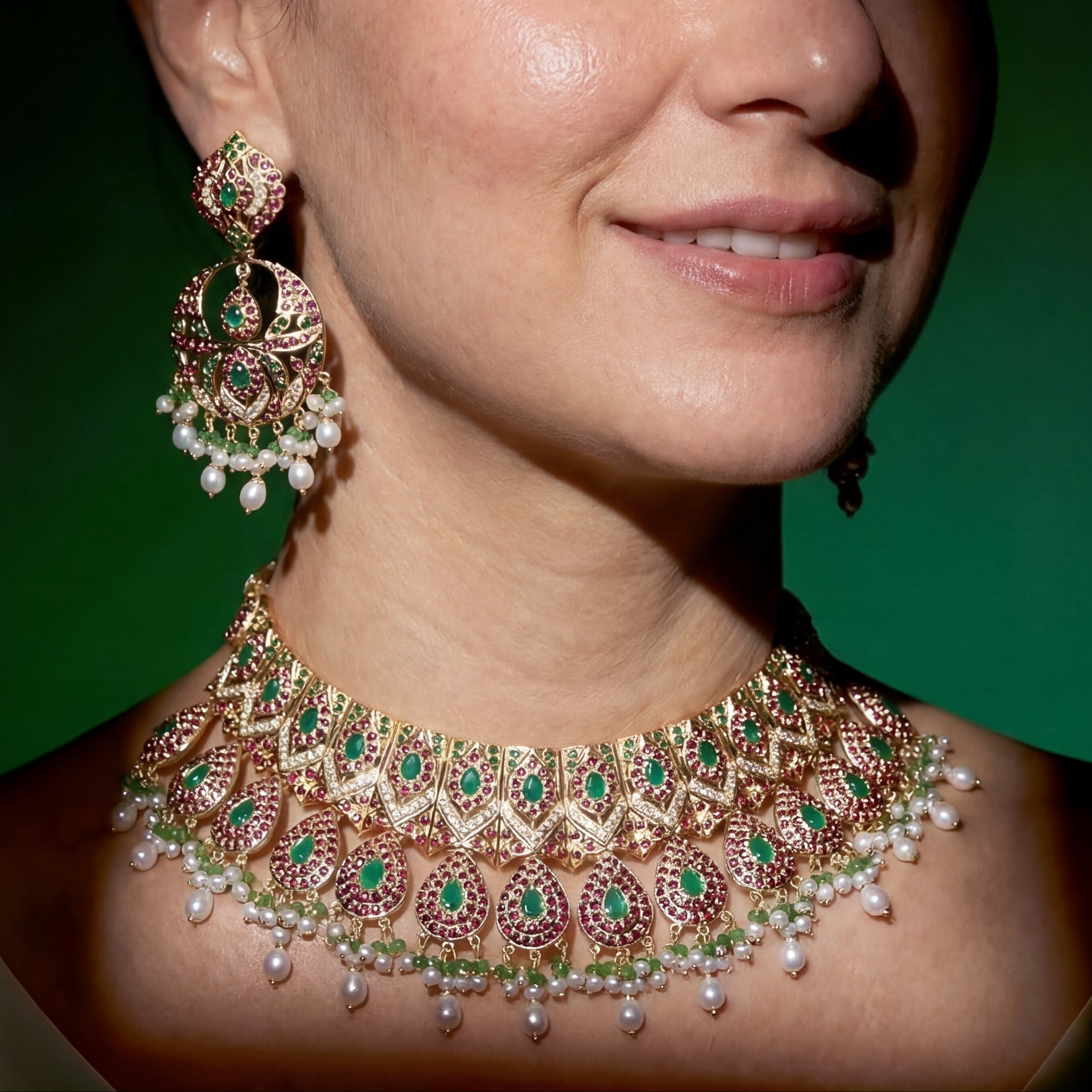 बहुरंगी जड़ाऊ नेकलेस सेट | ब्राइडल वियर भारतीय आभूषण NS 035