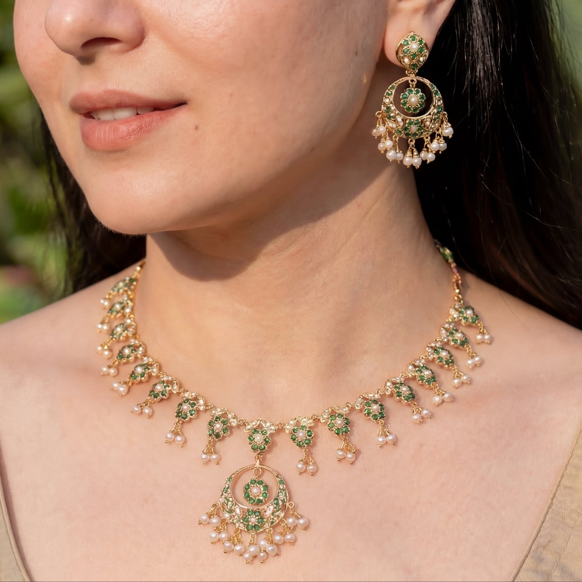 Delicate Emerald Pearl Necklace with Chandbali Earrings | Handcrafted Jadau Jewellery | NS 351