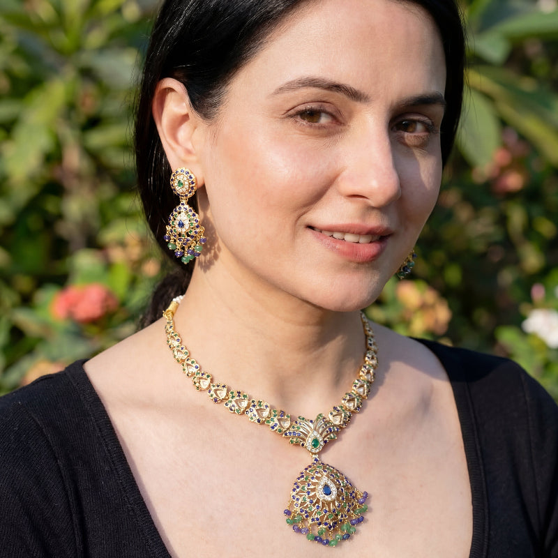 Gold Plated Necklace Set | 925 Silver Jadau Jewellery with Gold Plating NS 116