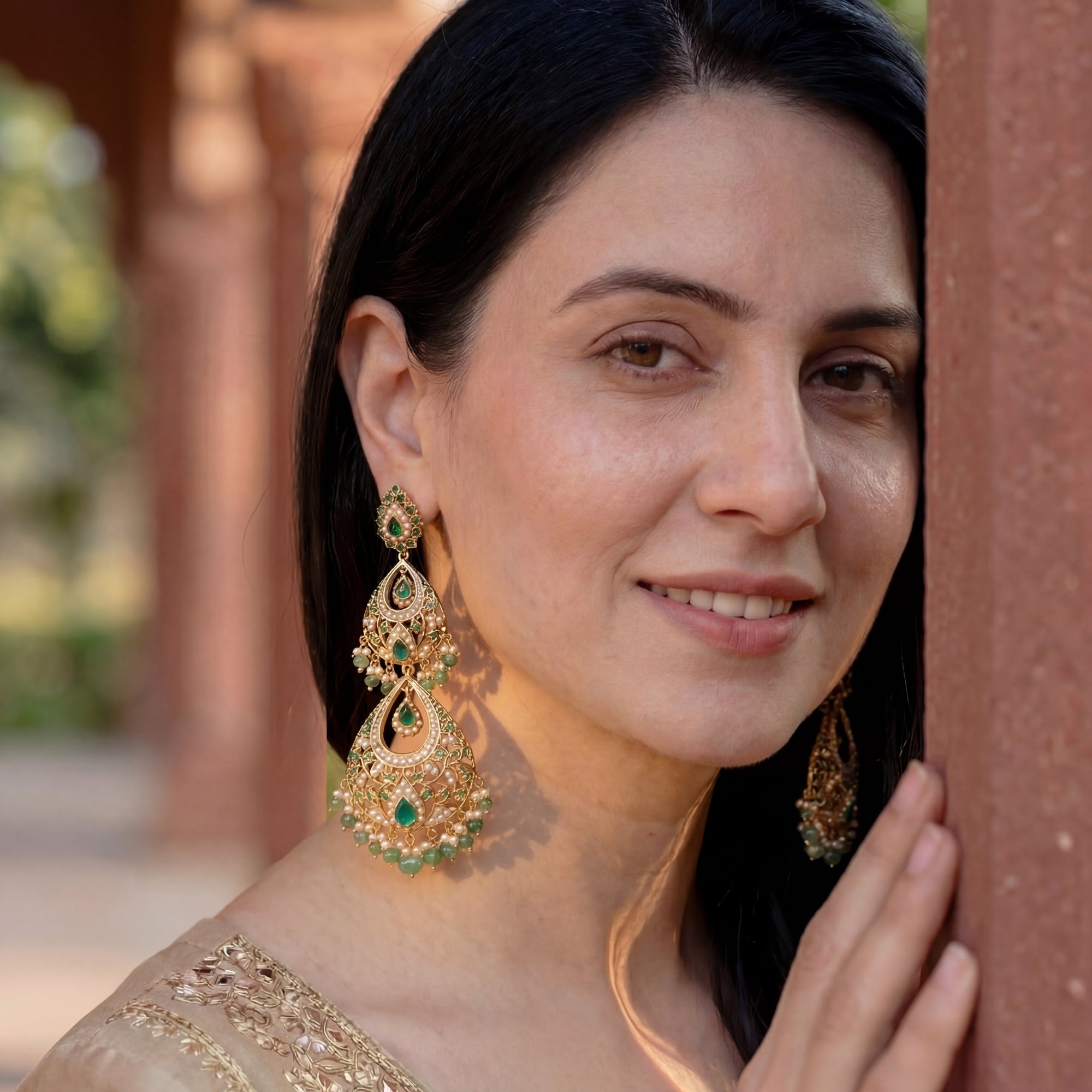 Statement Emerald Earrings | Extra Tall Danglers | Silver with Gold plating ER 307