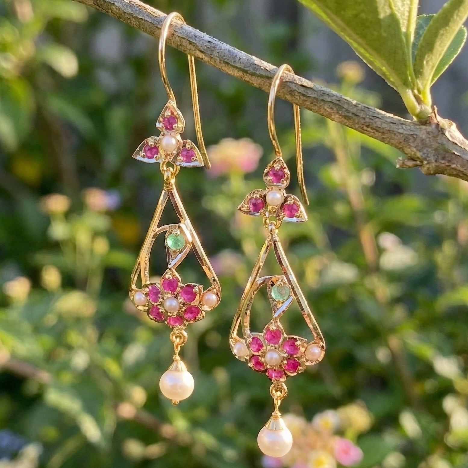 Dainty Gold Earrings Studded with Pearls Rubies and Emeralds | Lightweight Earrings on 22k GoldGER 112