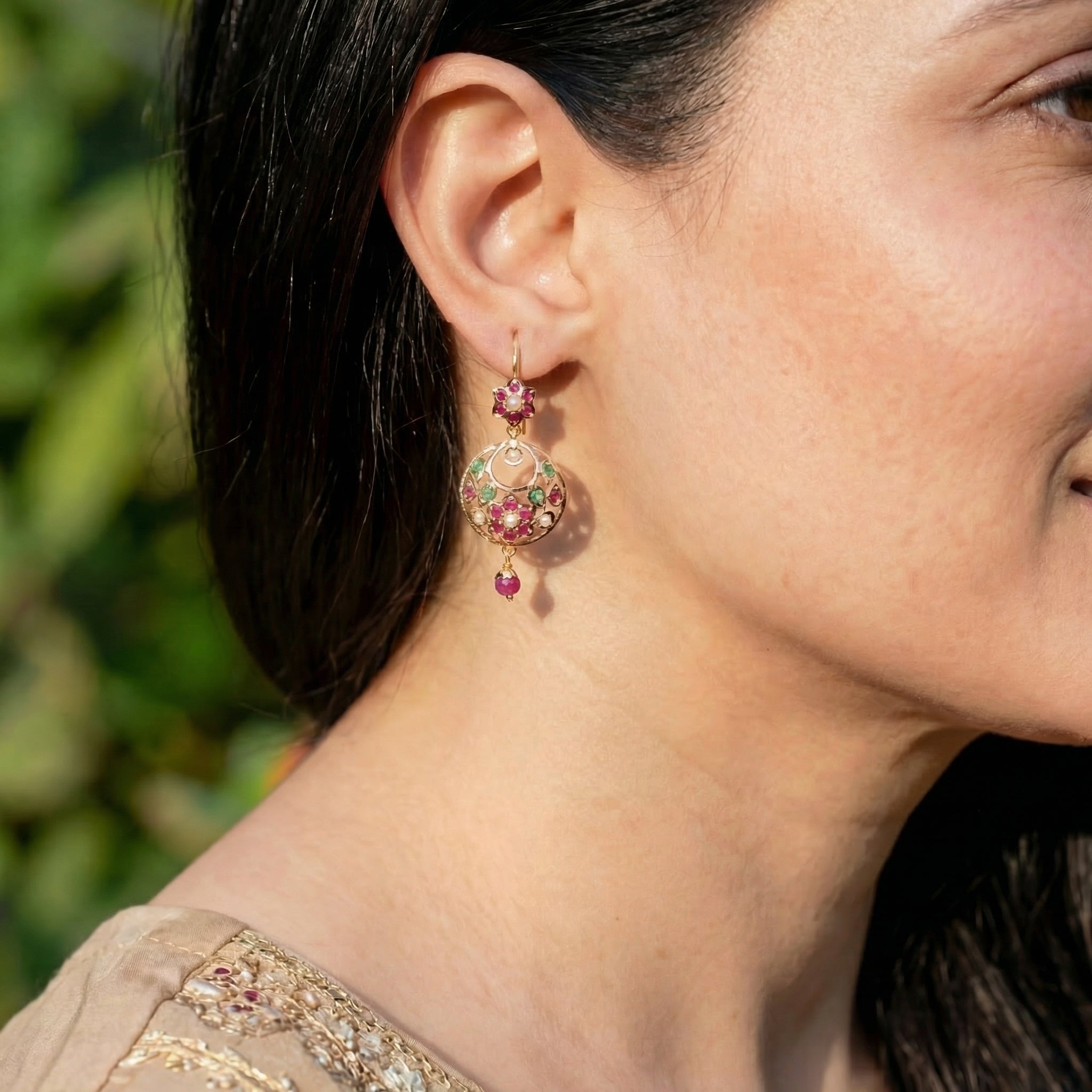 Delicate Jadau Chandbali on 22k Gold | Fishhook Closure | Real Rubies and Emeralds GER 114