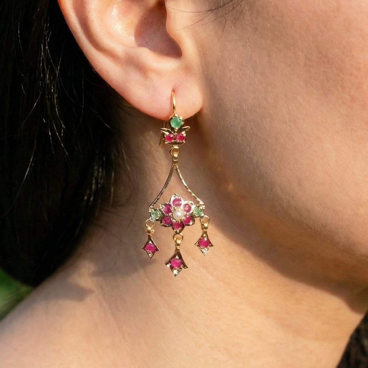 Cute Jadau Earrings on 22k Gold | Fishhook Closure | Real Rubies and Emeralds GER 115