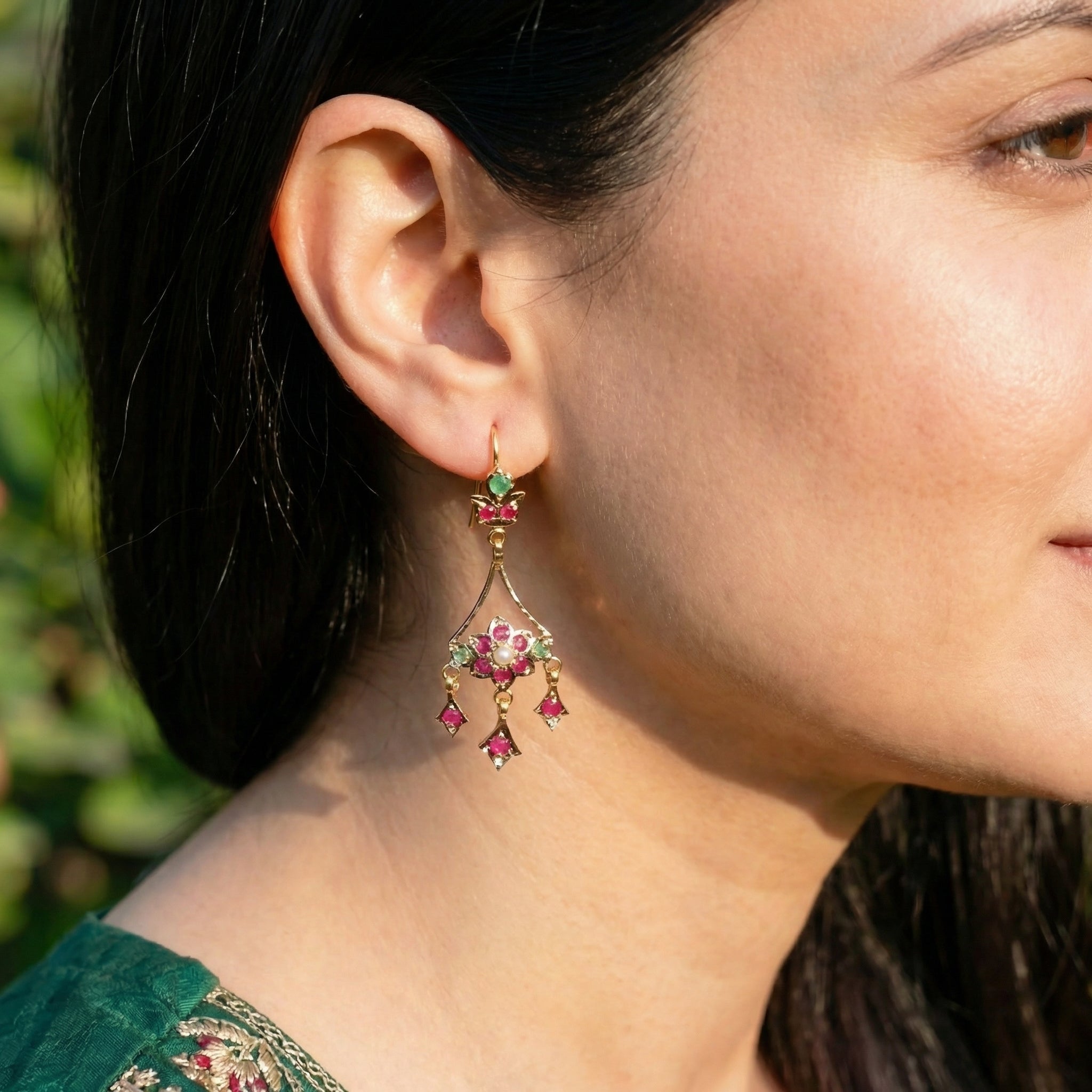 Cute Jadau Earrings on 22k Gold | Fishhook Closure | Real Rubies and Emeralds GER 115