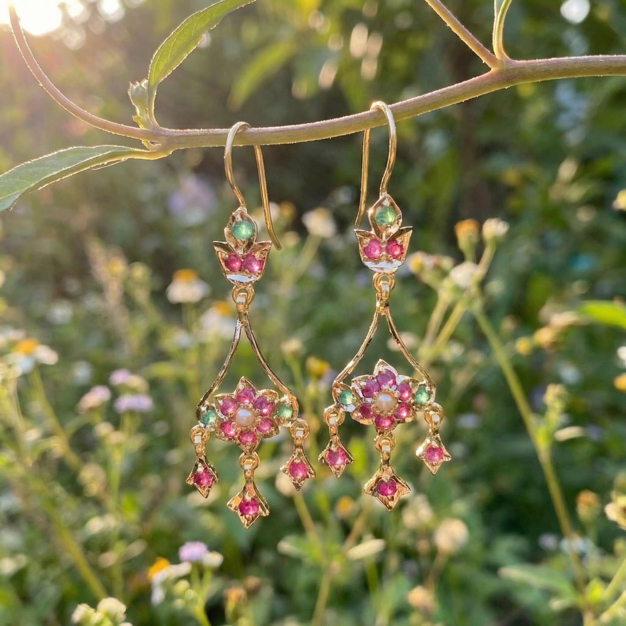 Cute Jadau Earrings on 22k Gold | Fishhook Closure | Real Rubies and Emeralds GER 115
