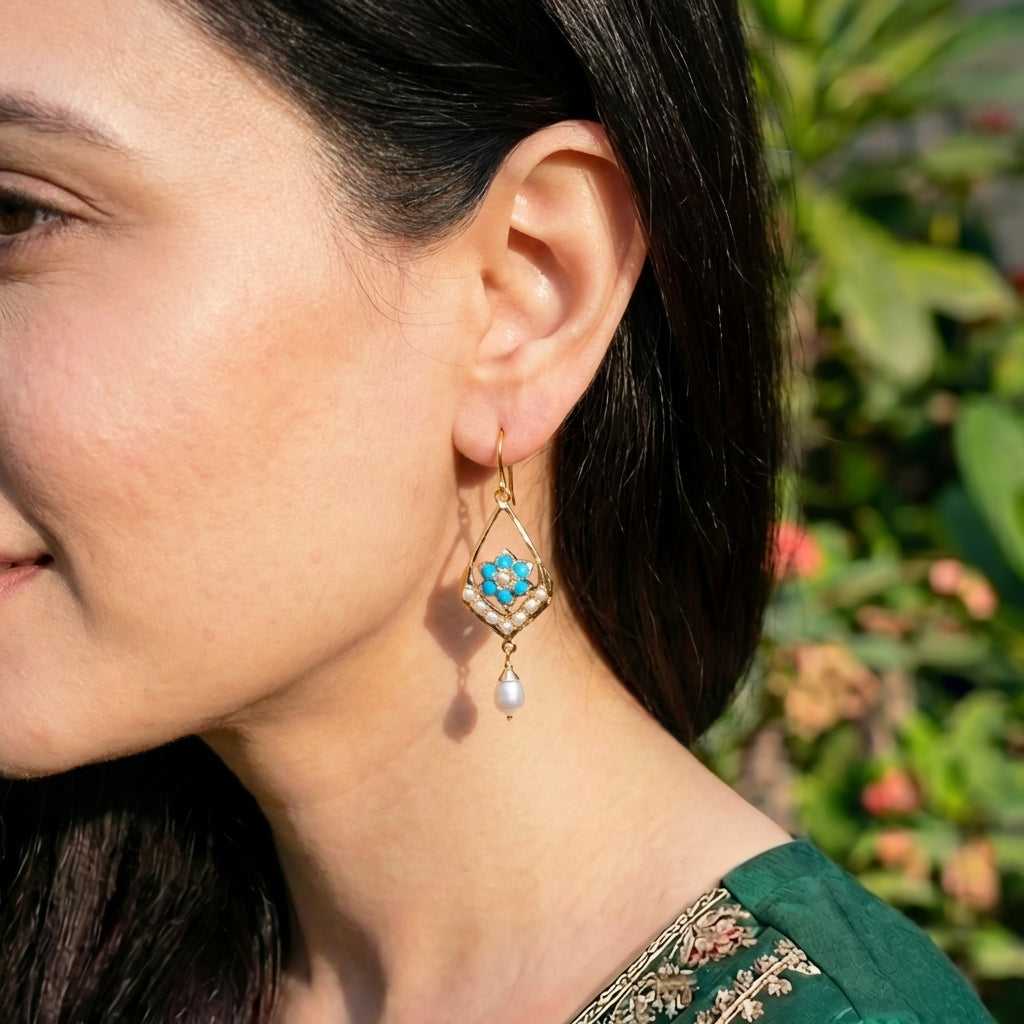 Light Weight Firoza Earrings on 22k Gold | Fishhook Closure GER | Gold Gifts for Her GER 116