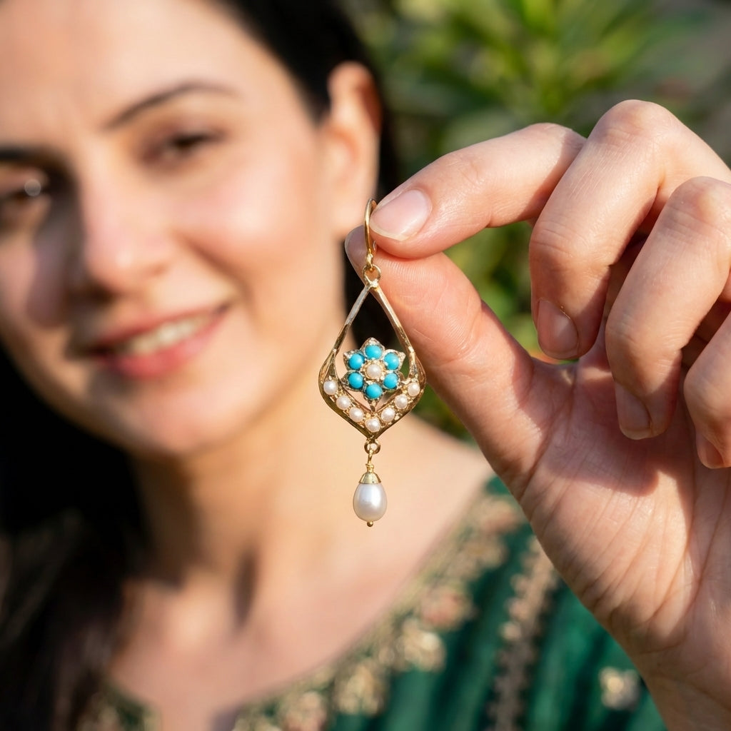 Light Weight Firoza Earrings on 22k Gold | Fishhook Closure GER | Gold Gifts for Her GER 116