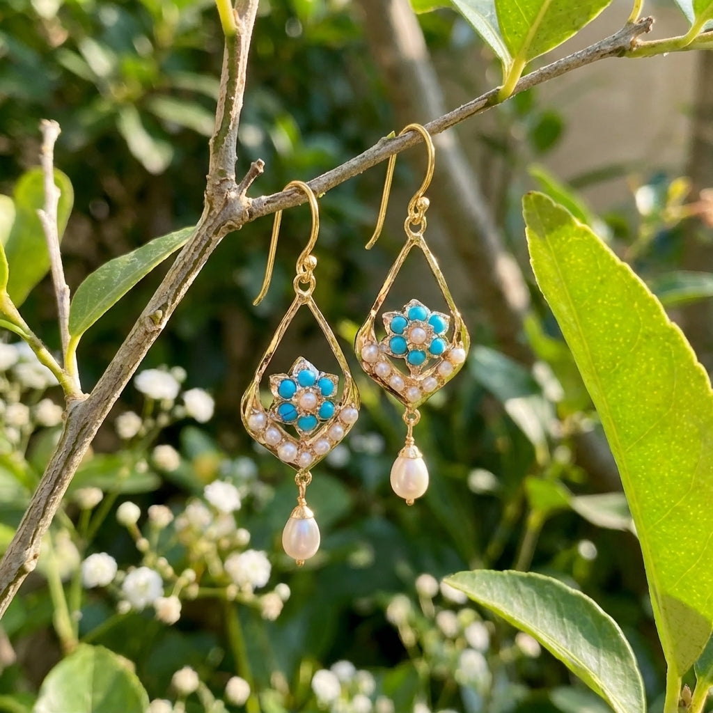 Light Weight Firoza Earrings on 22k Gold | Fishhook Closure GER | Gold Gifts for Her GER 116