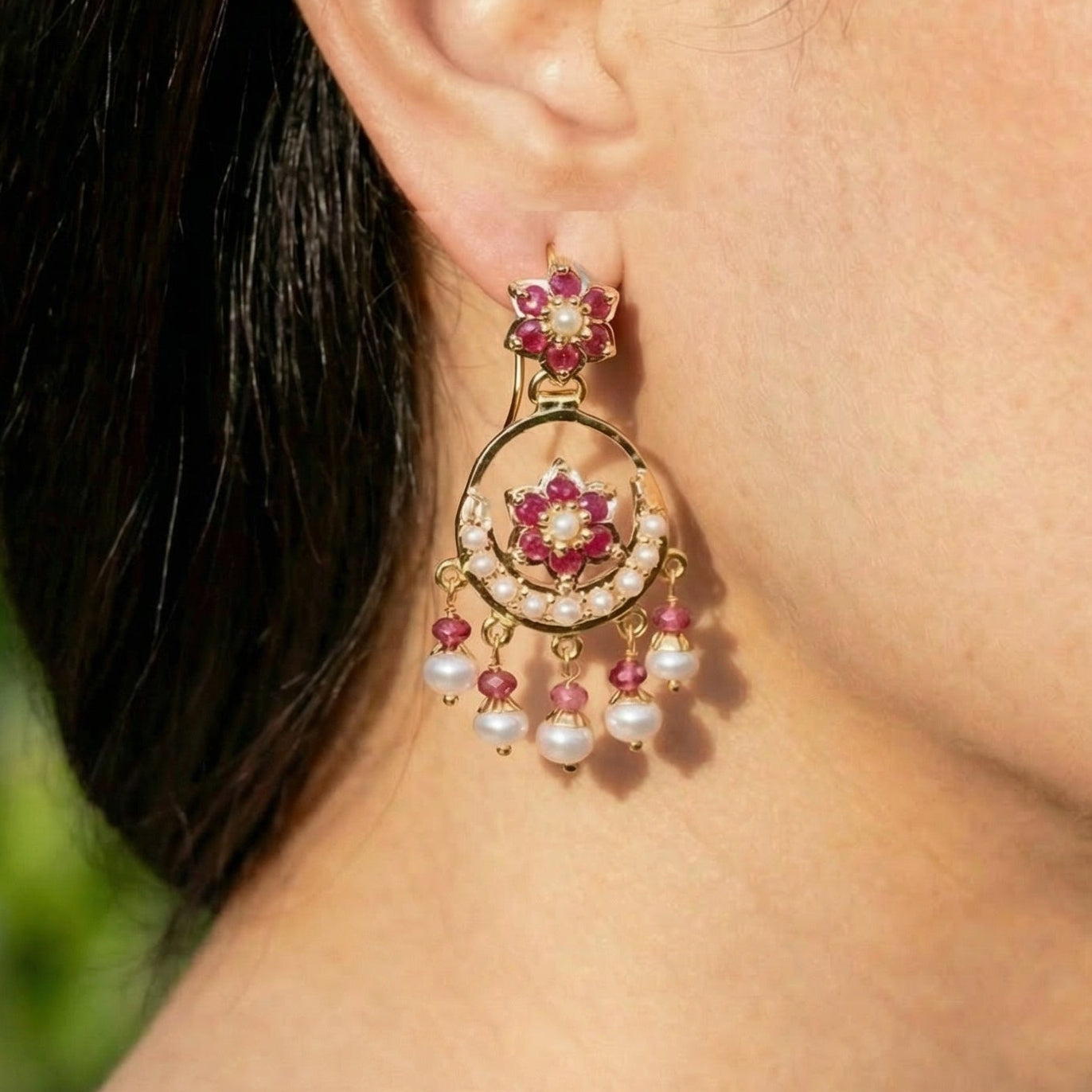 Small Jadau Earrings on 22k Gold | Fishhook Chandbali | Real Rubies and Pearls GER 117