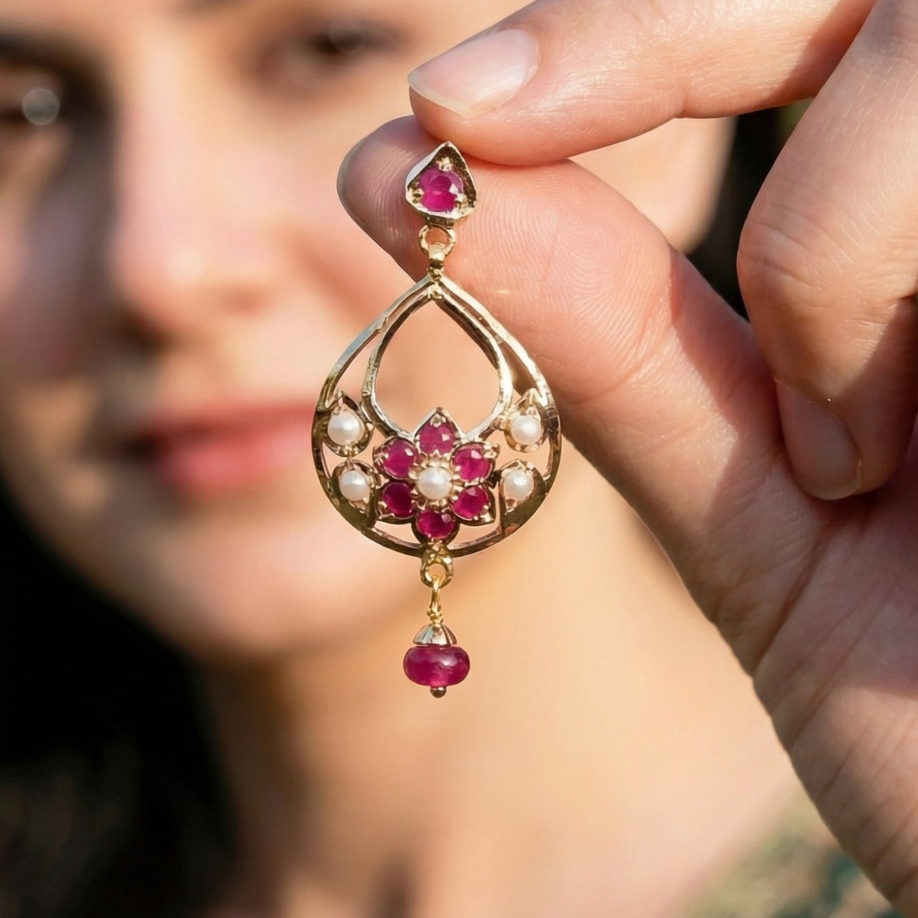 Dainty Drop Shaped Jadau Earrings on 22k Gold | Fishhook Closure | Real Rubies and Pearls Studded GER 118