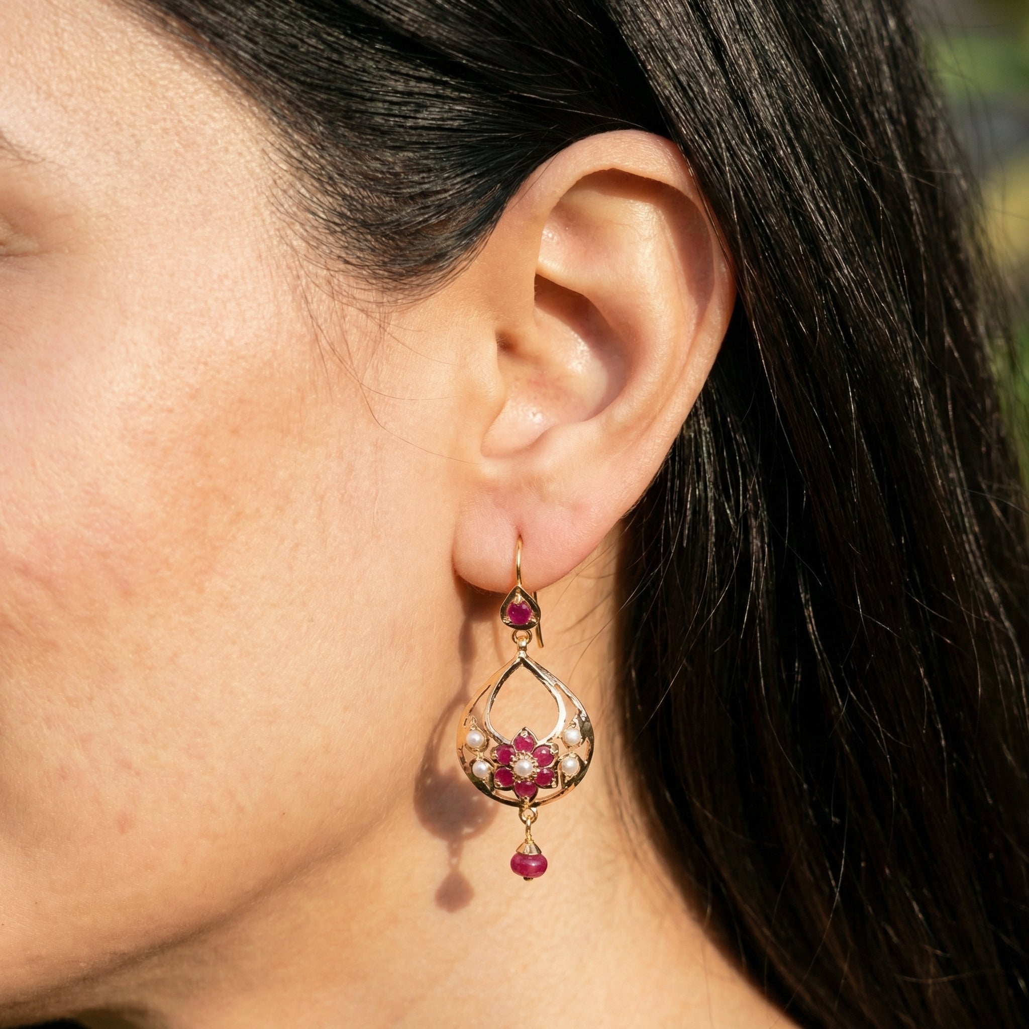 Dainty Drop Shaped Jadau Earrings on 22k Gold | Fishhook Closure | Real Rubies and Pearls Studded GER 118