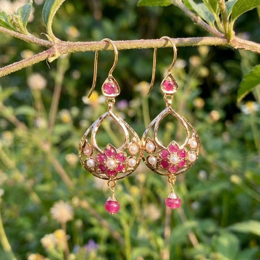 Dainty Drop Shaped Jadau Earrings on 22k Gold | Fishhook Closure | Real Rubies and Pearls Studded GER 118