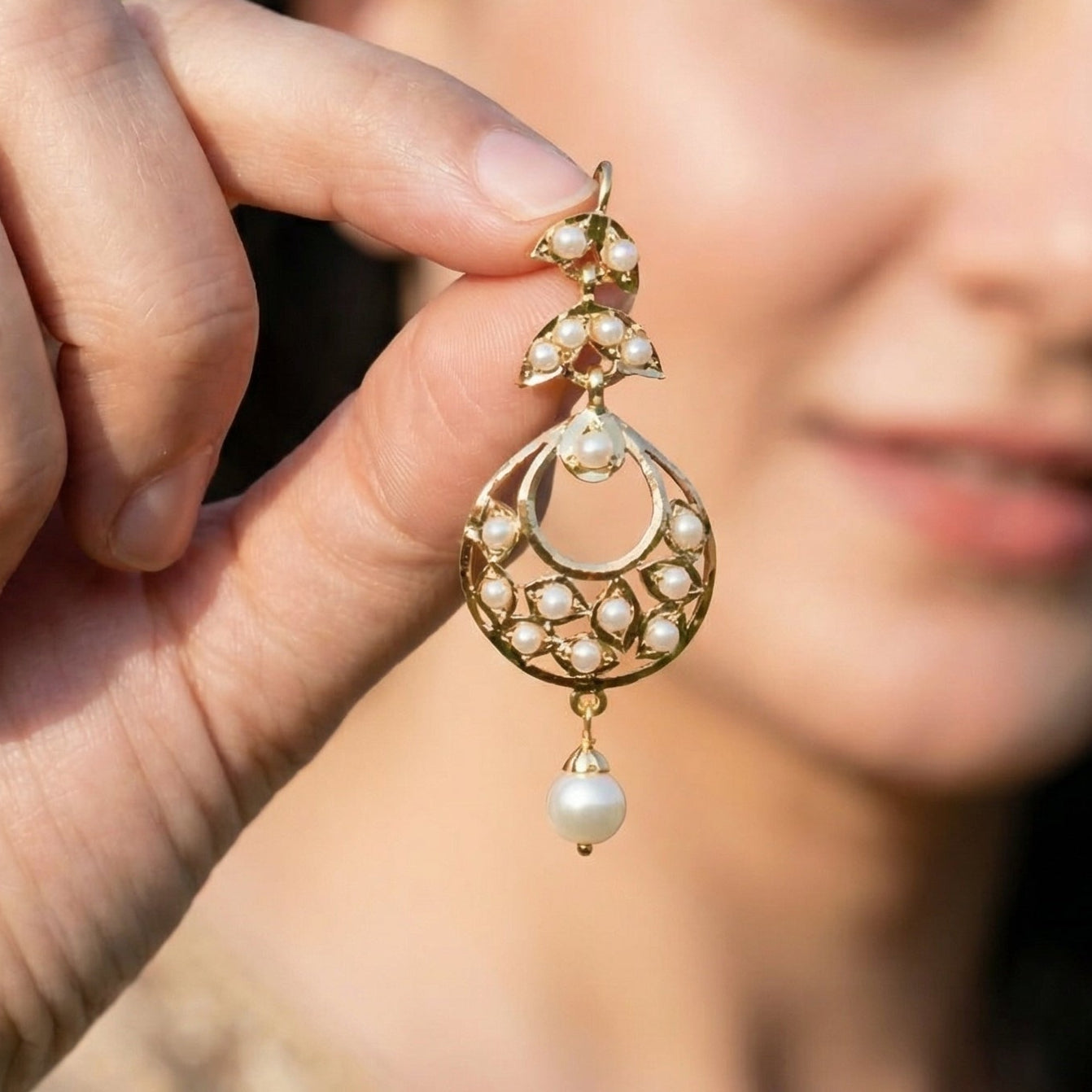 Delicate Jadau Chandbali Earrings on 22k Gold | Freshwater Pearls Studded GER 121