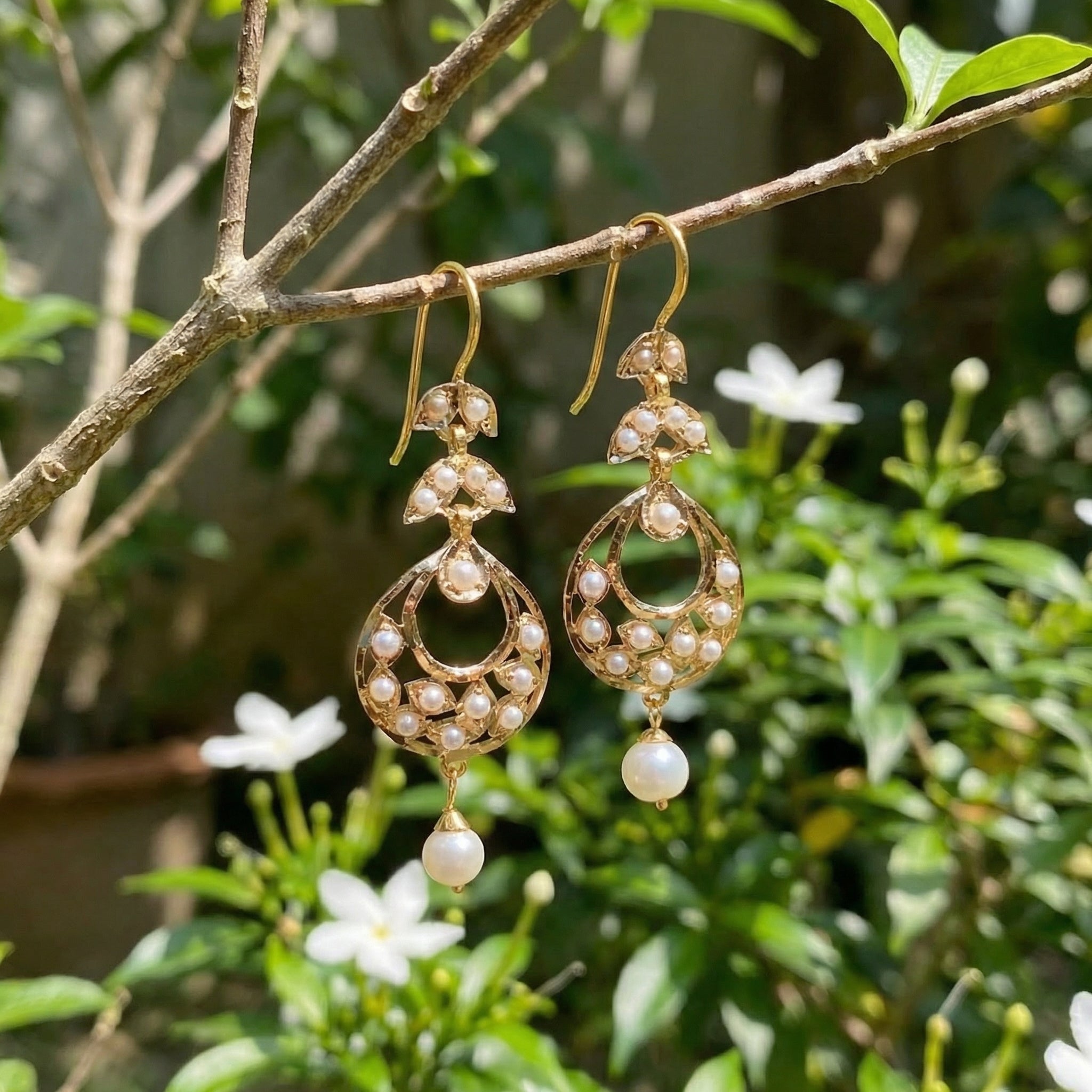 Delicate Jadau Chandbali Earrings on 22k Gold | Freshwater Pearls Studded GER 121