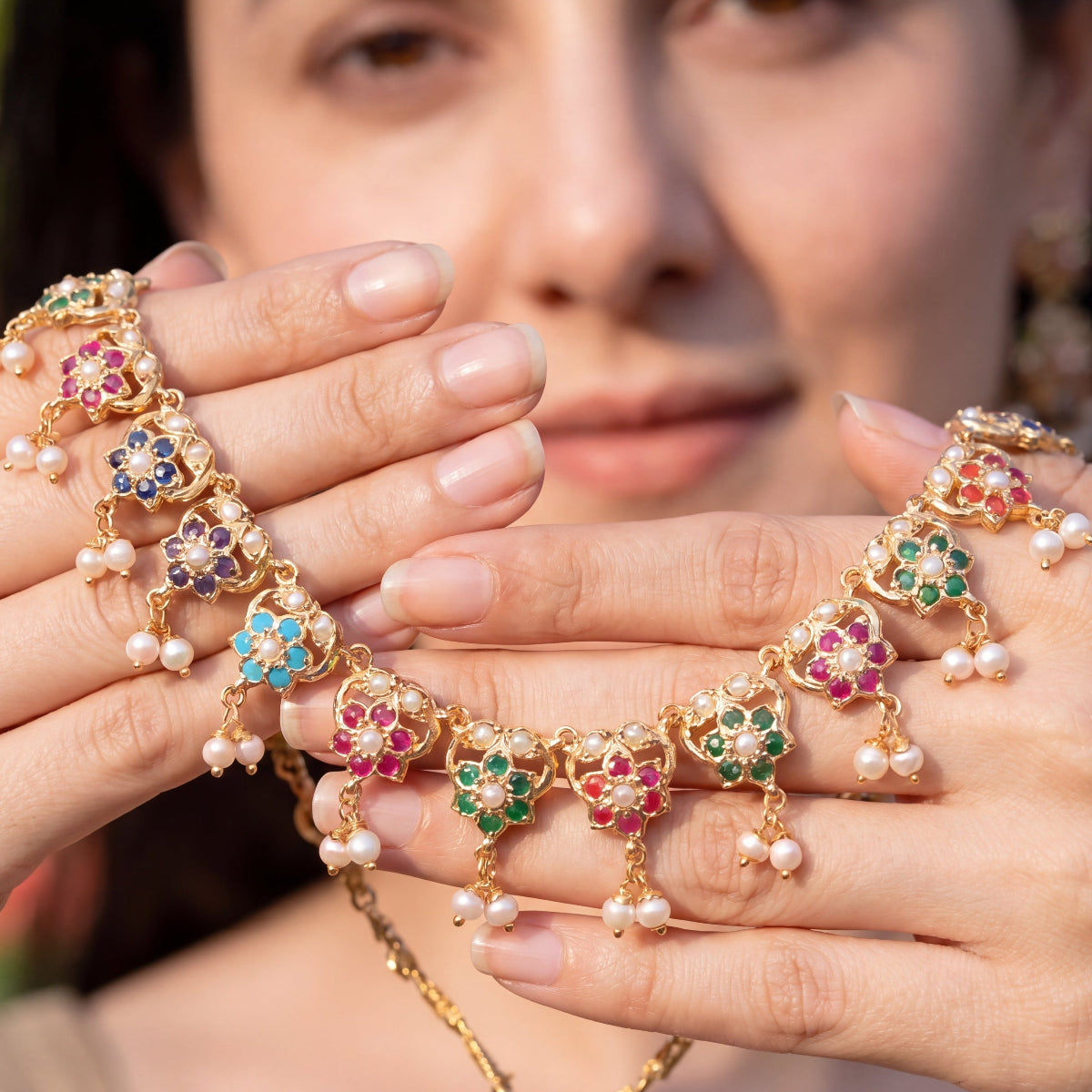 Gold Plated Navratna Jewelry Set | Dainty & Classic Design NS 216