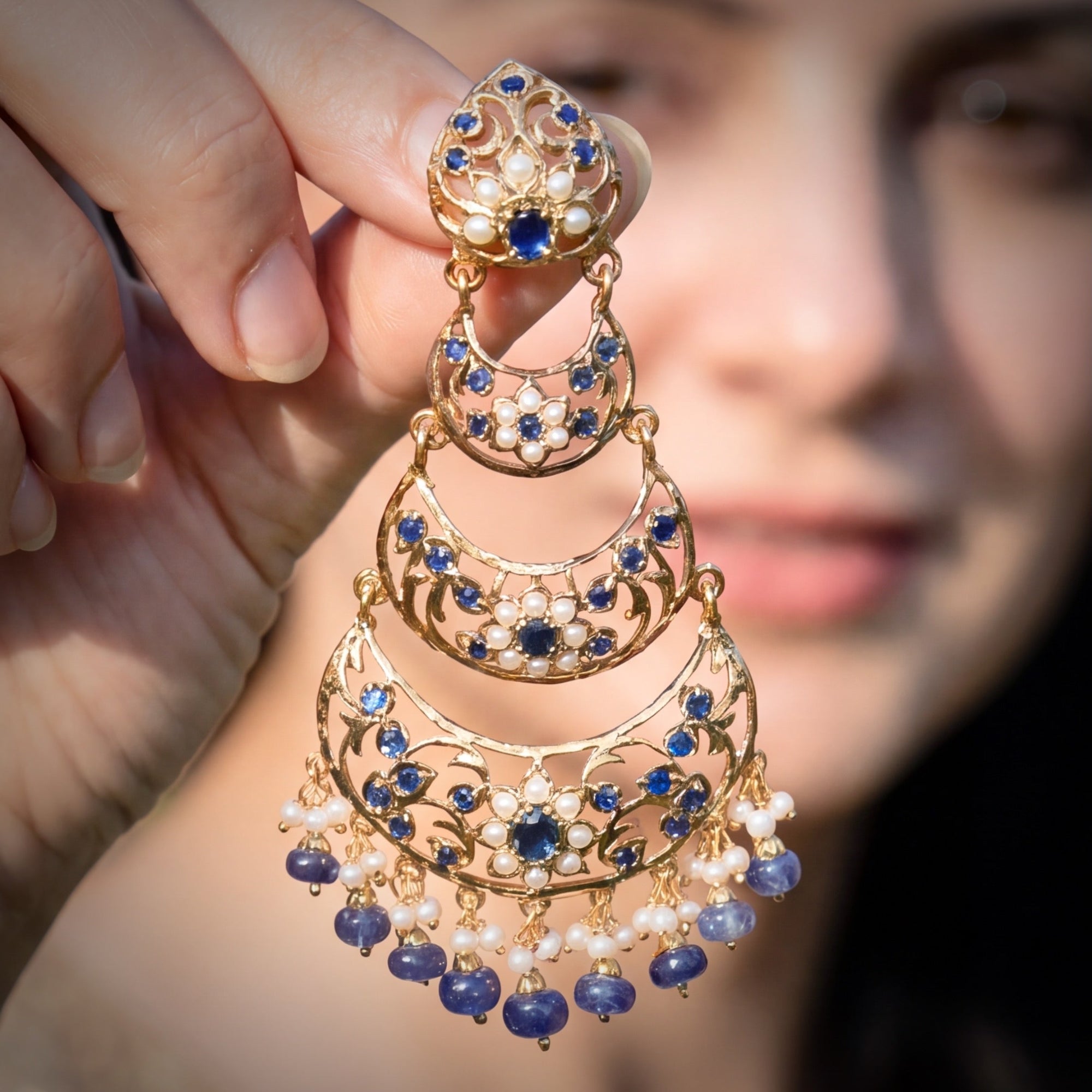 Pearl and Sapphire 3 Step Danglers | Gold Plated on Silver ER 442