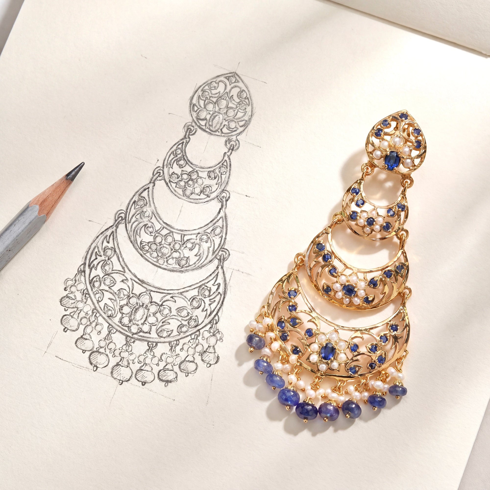 Pearl and Sapphire 3 Step Danglers | Gold Plated on Silver ER 442